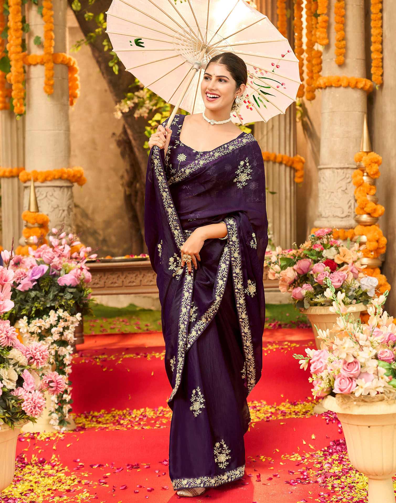 Wine Chiffon Sequence Embroidery Saree