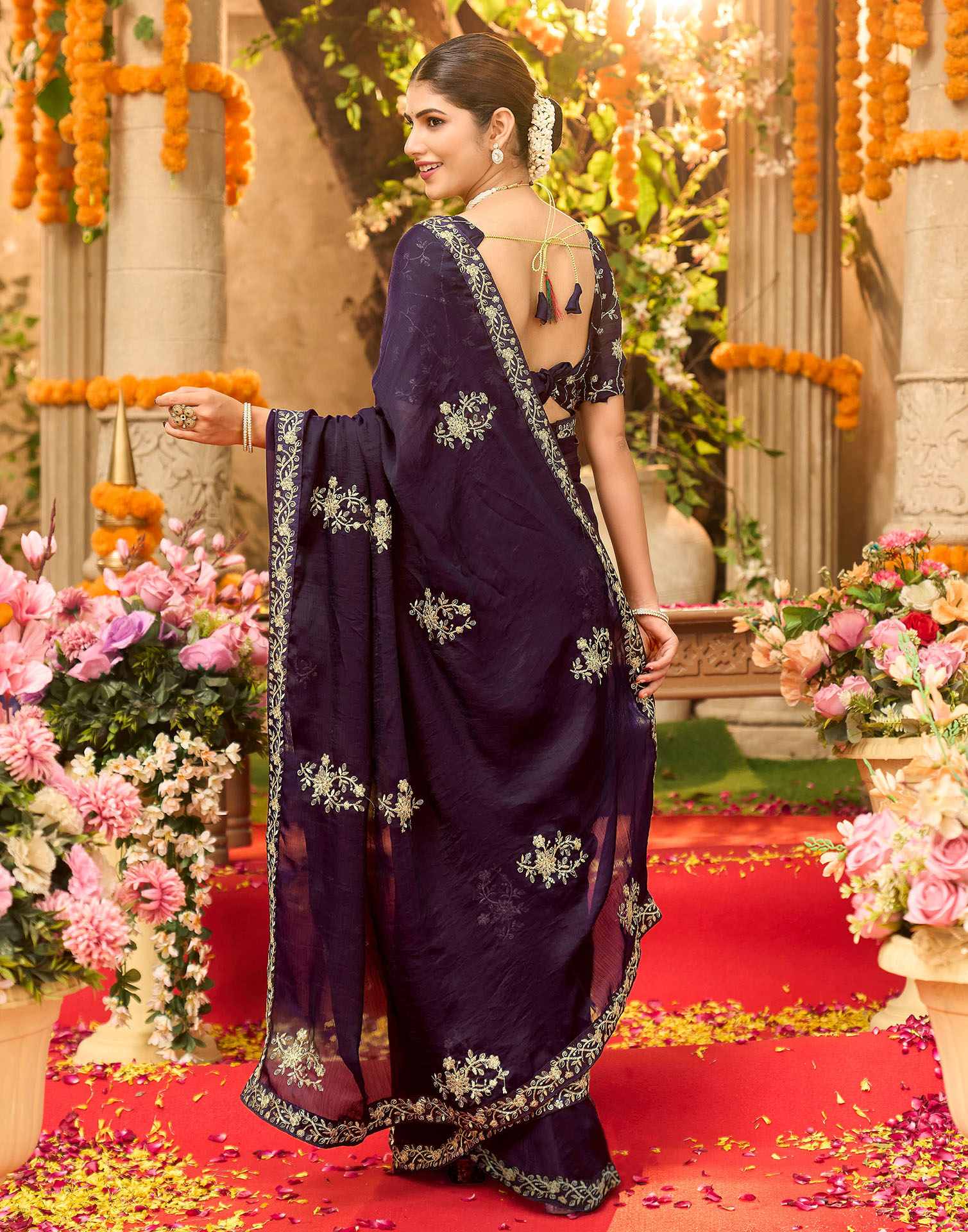 Wine Chiffon Sequence Embroidery Saree