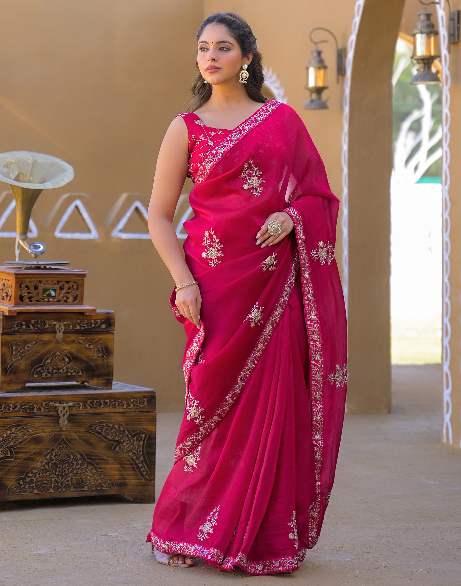 Dark Pink Chiffon Sequence Embroidery Saree