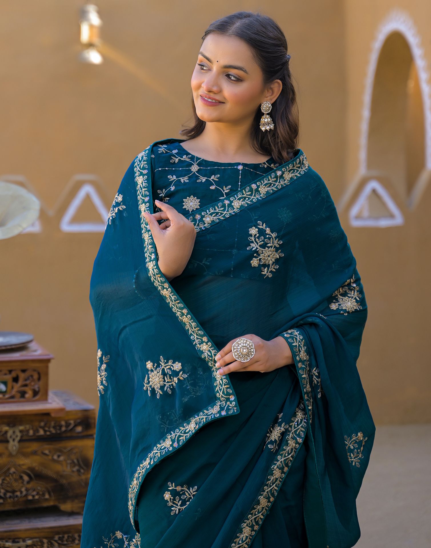 Teal Green Chiffon Sequence Embroidery Saree