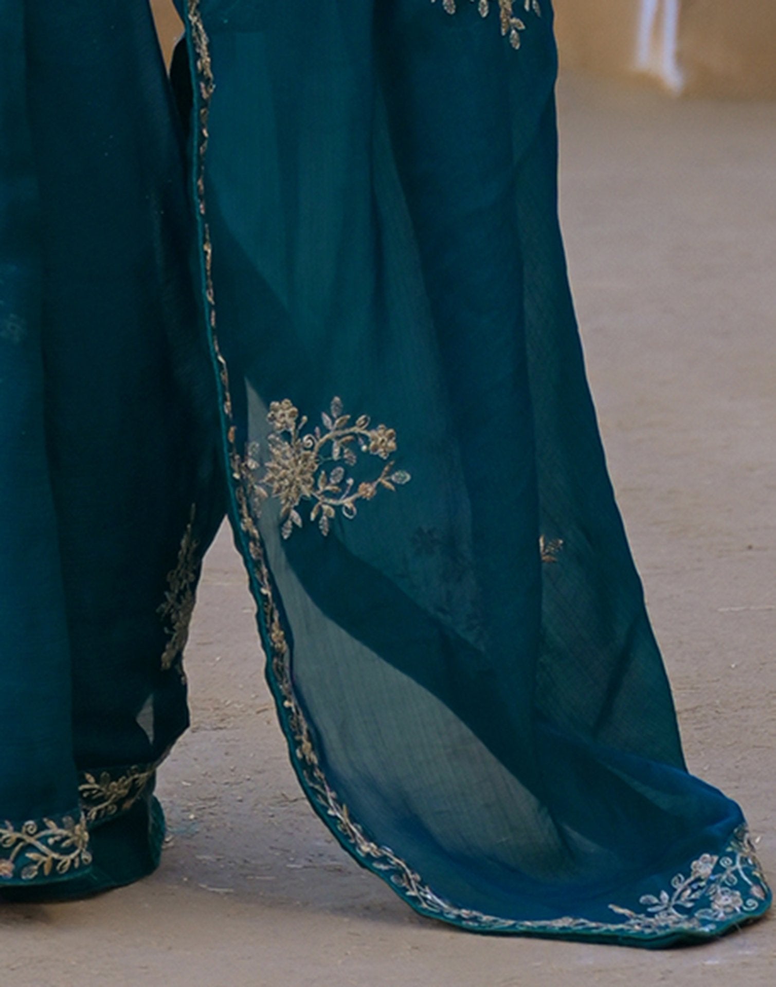 Teal Green Chiffon Sequence Embroidery Saree