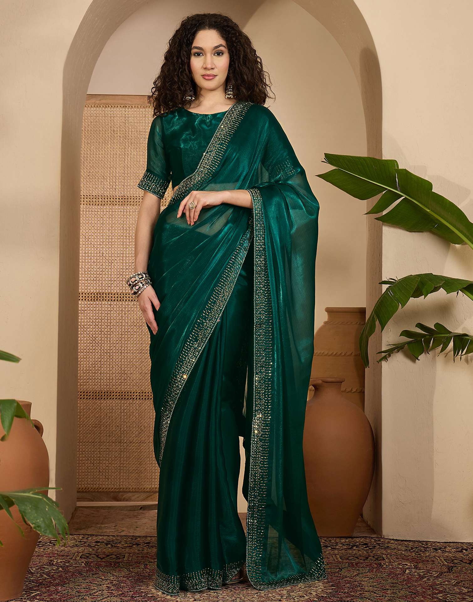 Dark Green Shimmer Stone Work Embellished Saree
