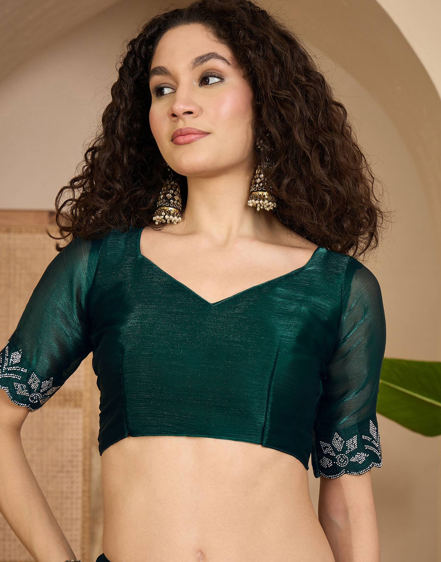 Dark Green Shimmer Stone Work Swarovski Saree