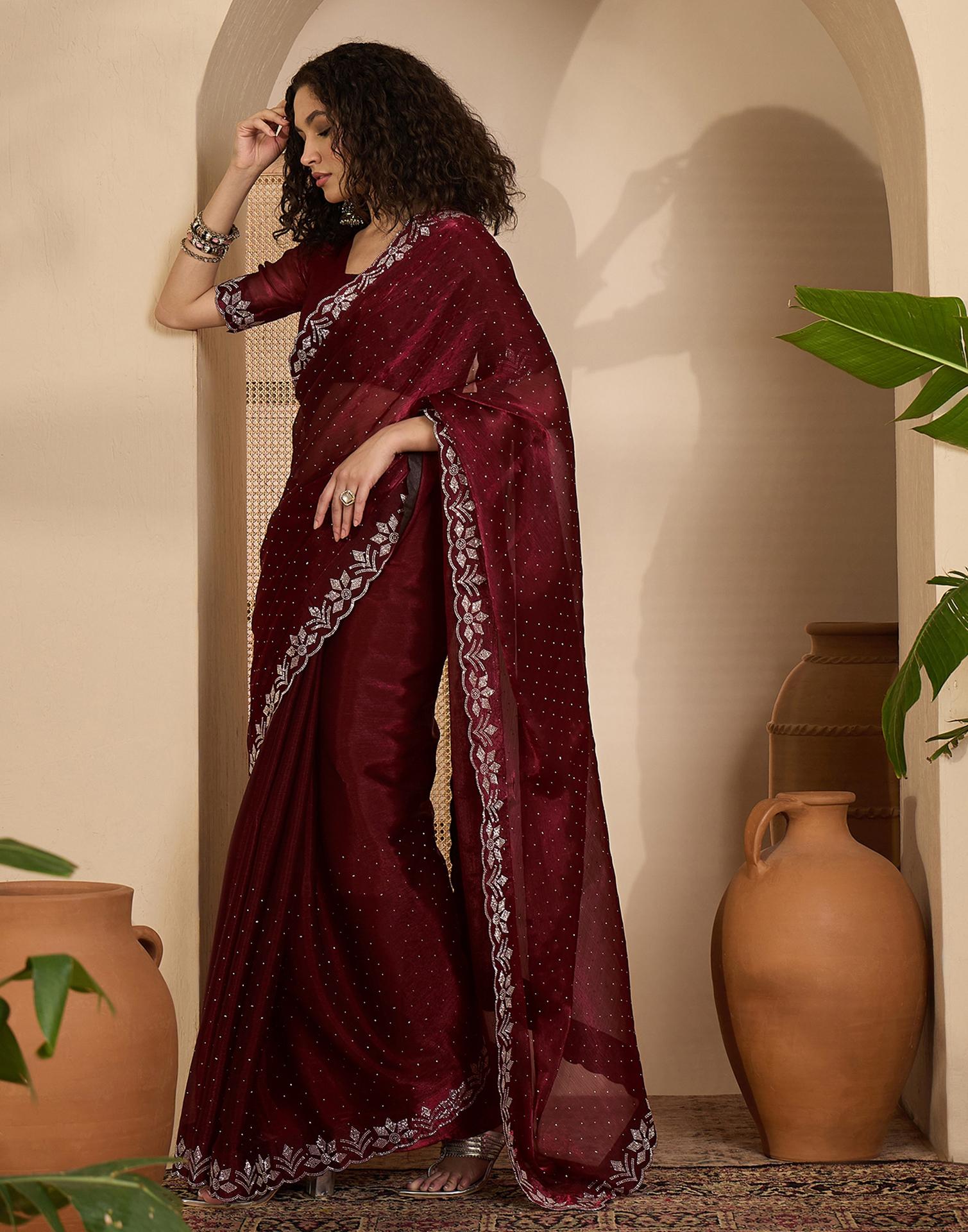 Maroon Shimmer Stone Work Swarovski Saree