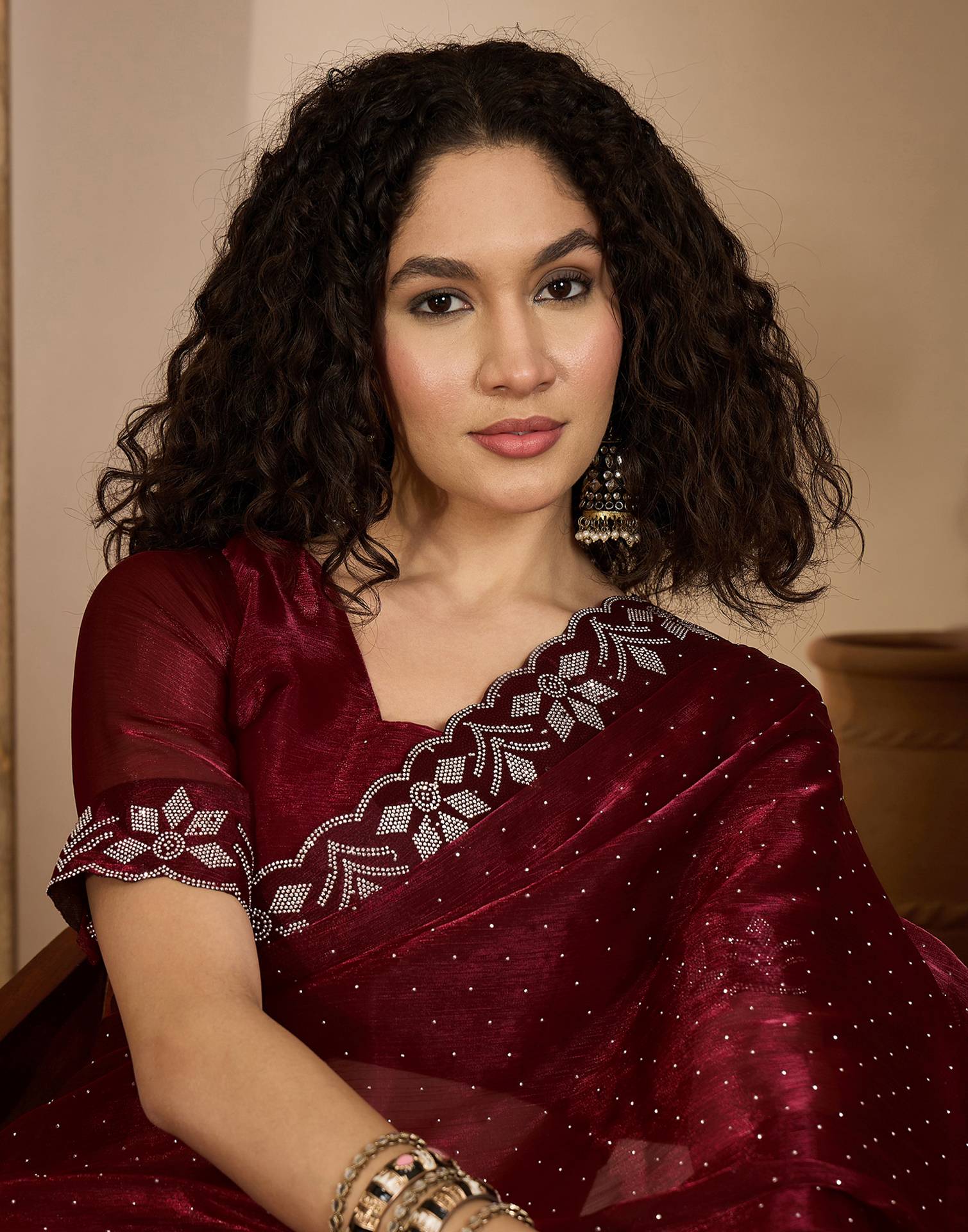 Maroon Shimmer Stone Work Swarovski Saree