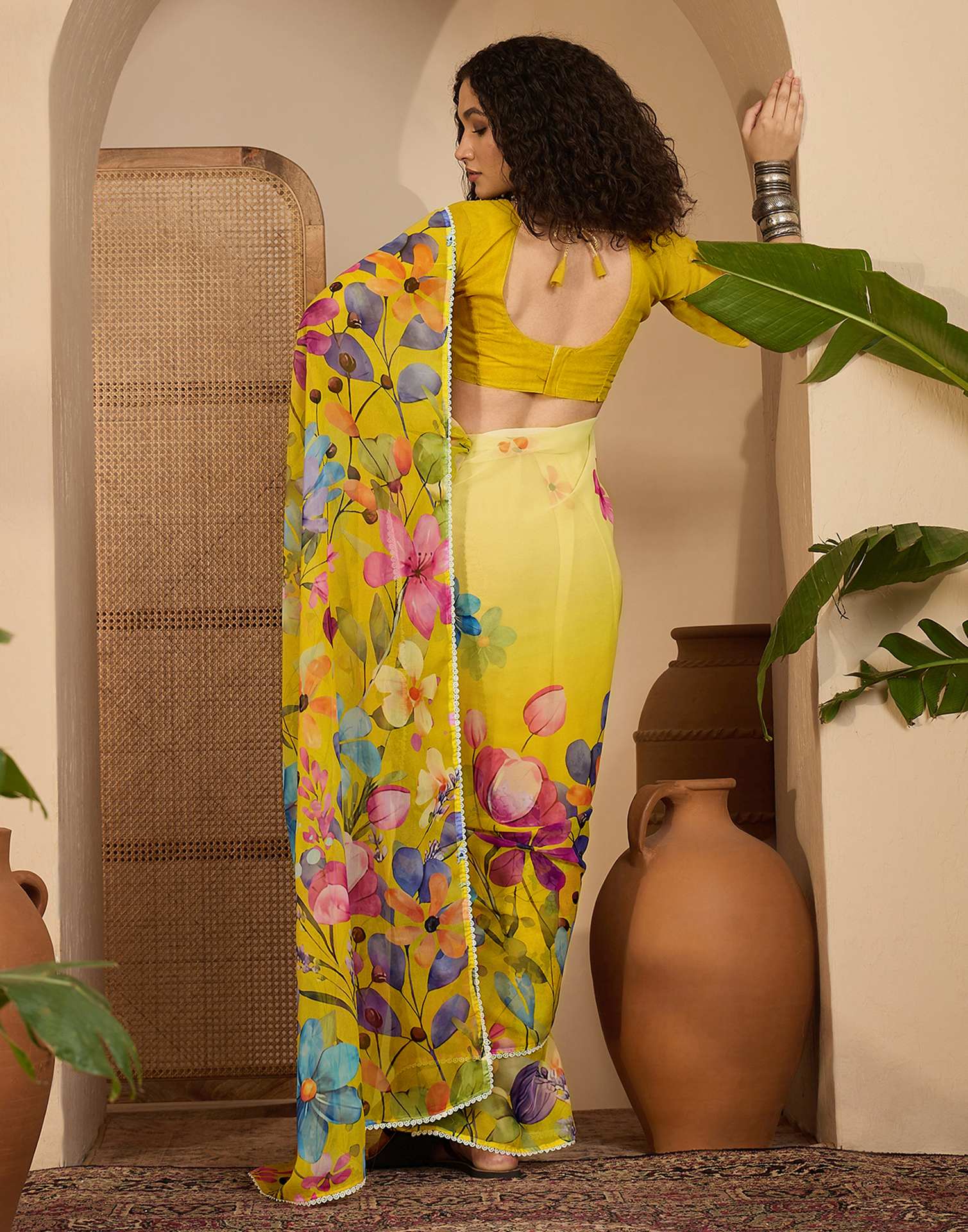 Light Yellow Georgette Floral Printed Saree