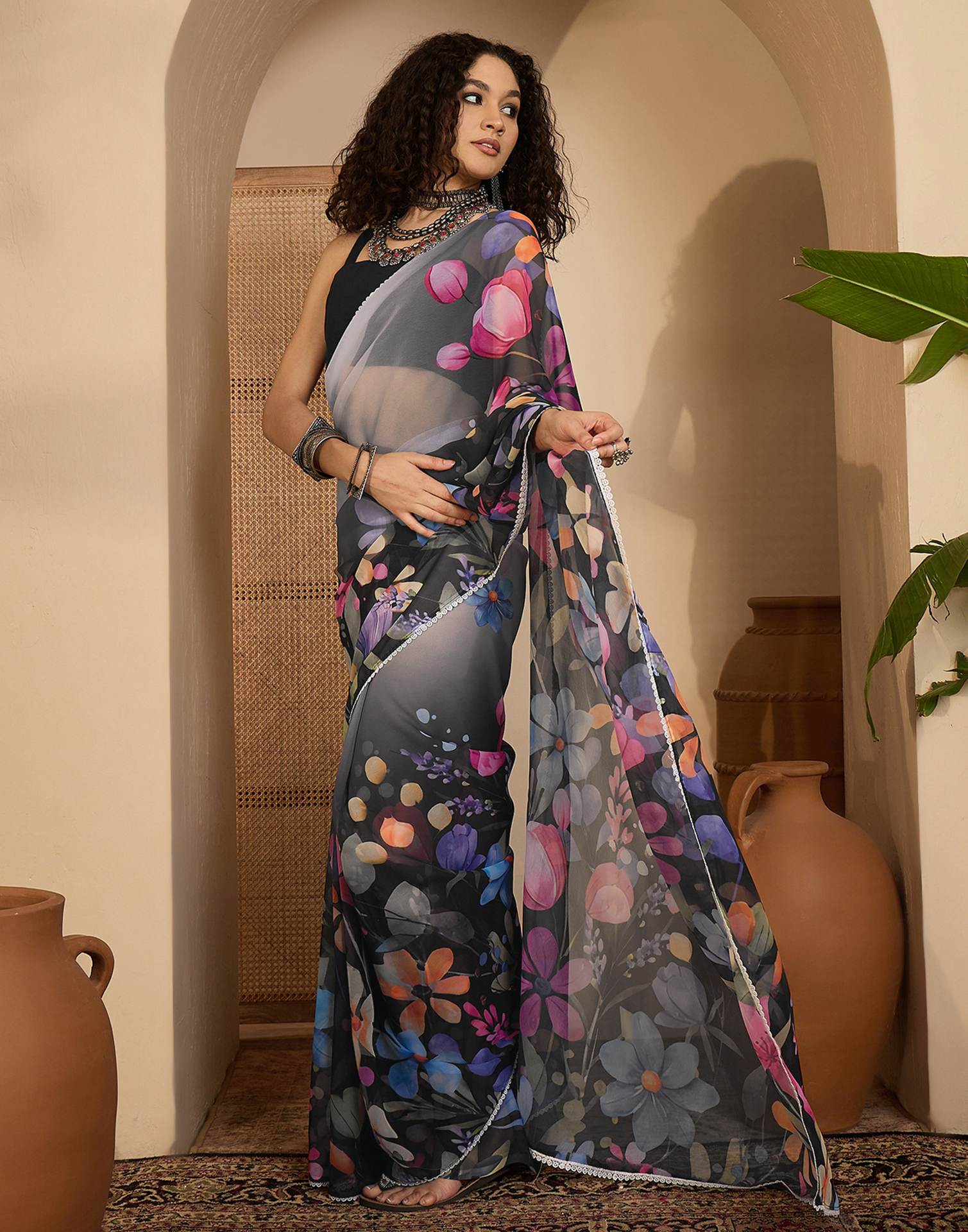 Black Georgette Floral Printed Saree