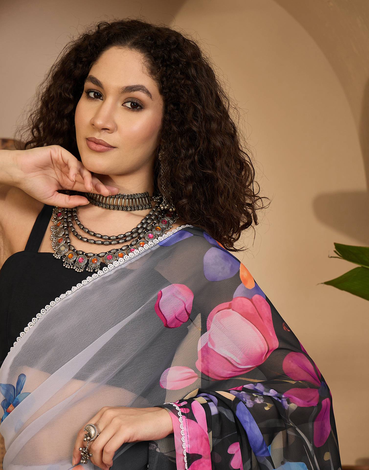 Black Georgette Floral Printed Saree