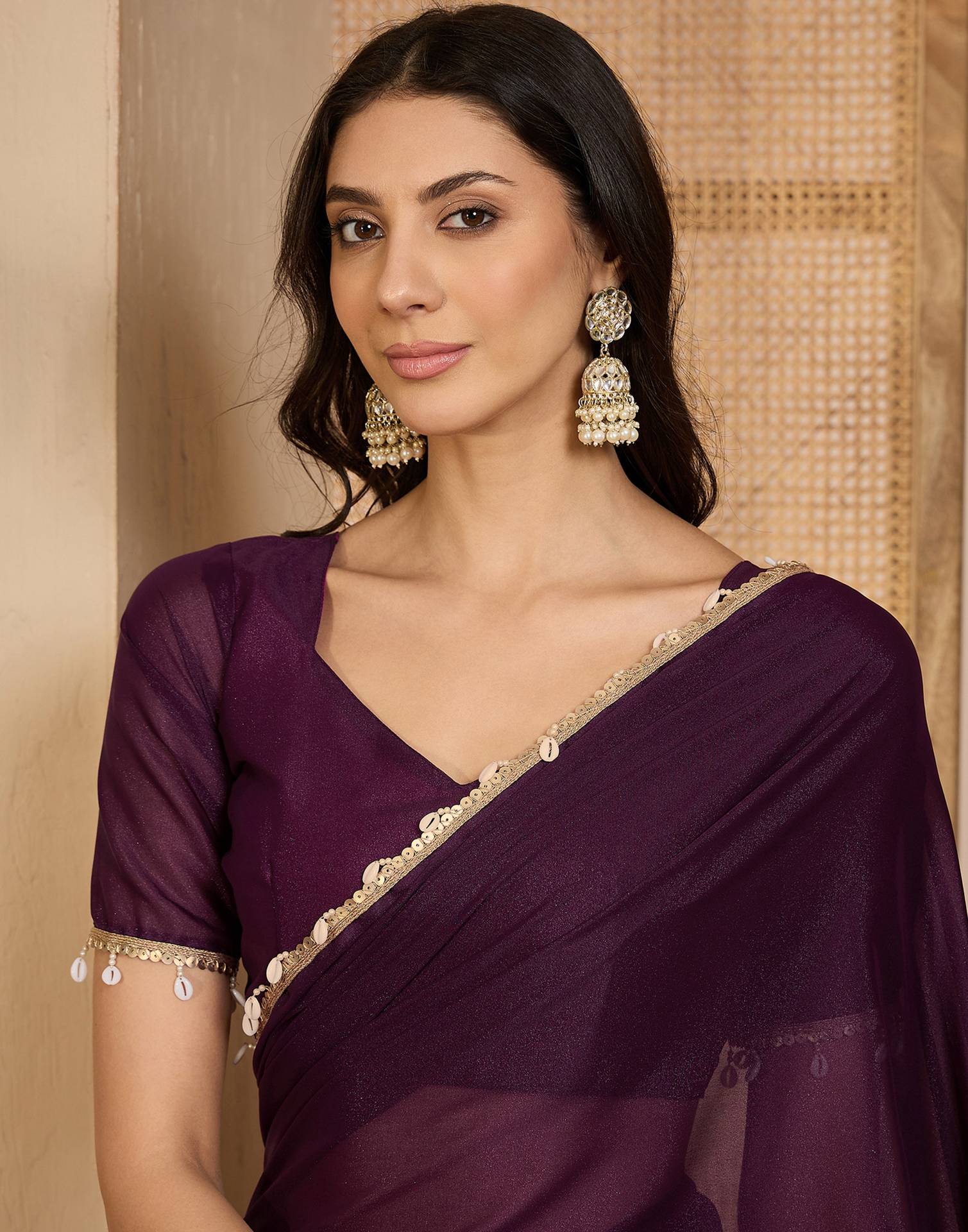 Wine Shimmer Lace Saree