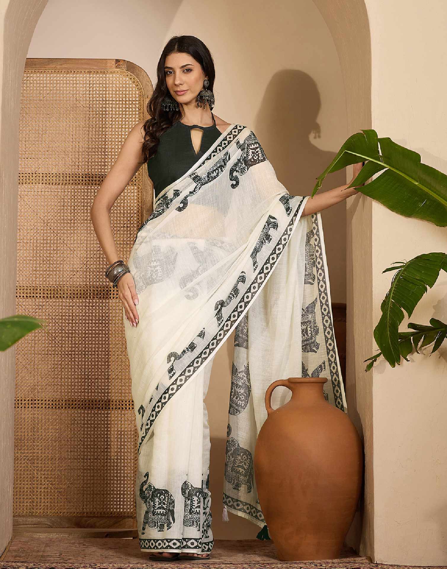 Off White Linen Printed Saree