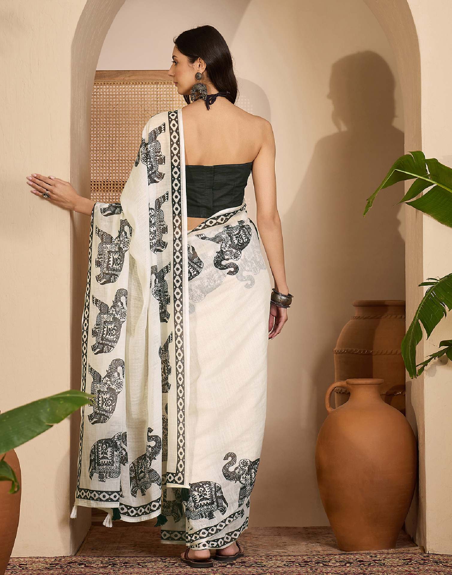 Off White Linen Printed Saree