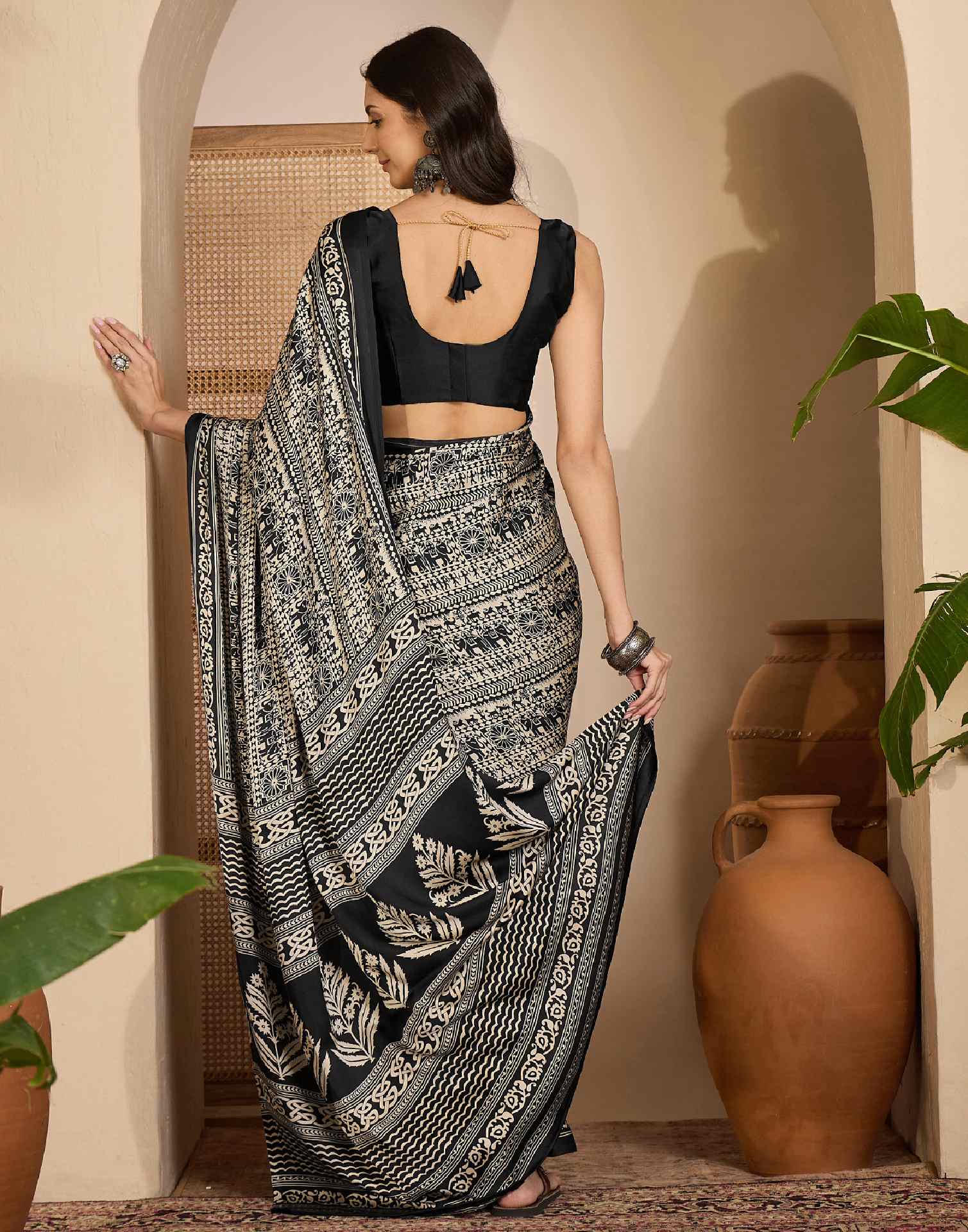 Black Satin Printed Saree