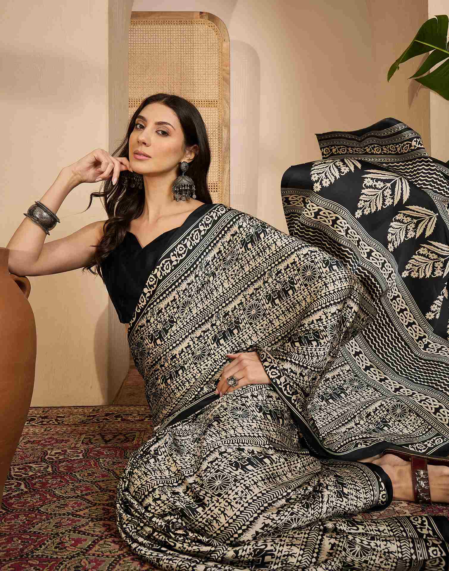 Black Satin Printed Saree