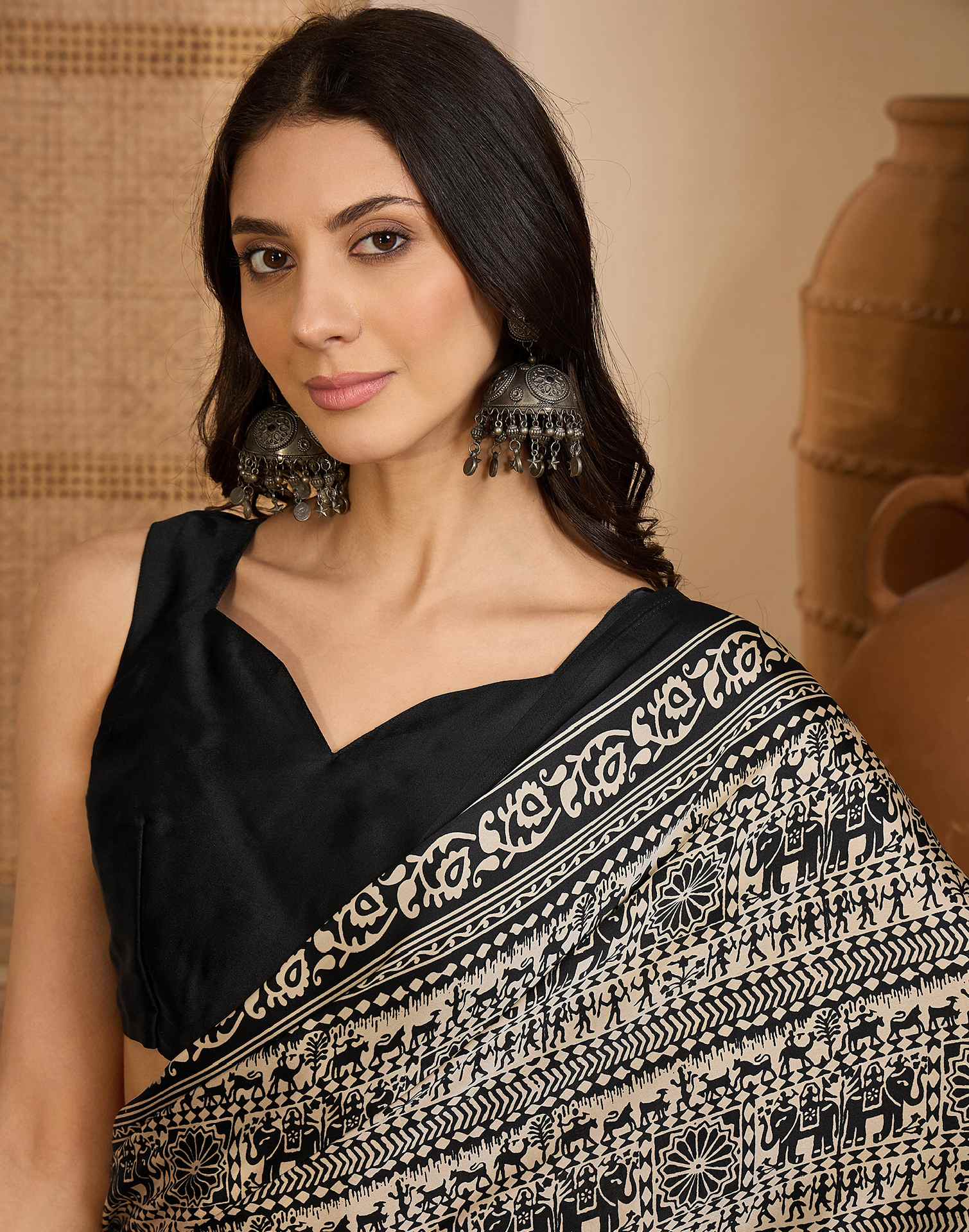 Black Satin Printed Saree