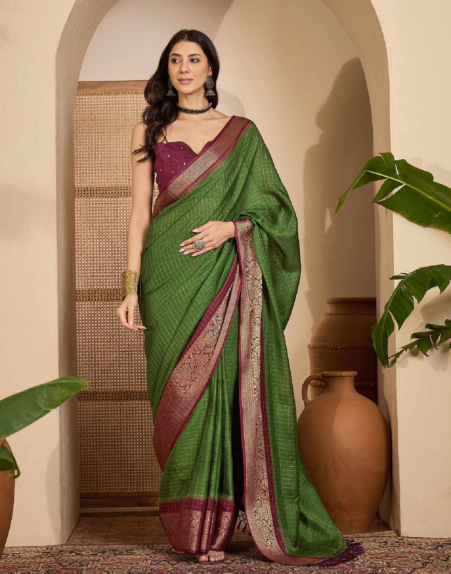 Olive Green Silk Woven Zari Stripe Saree