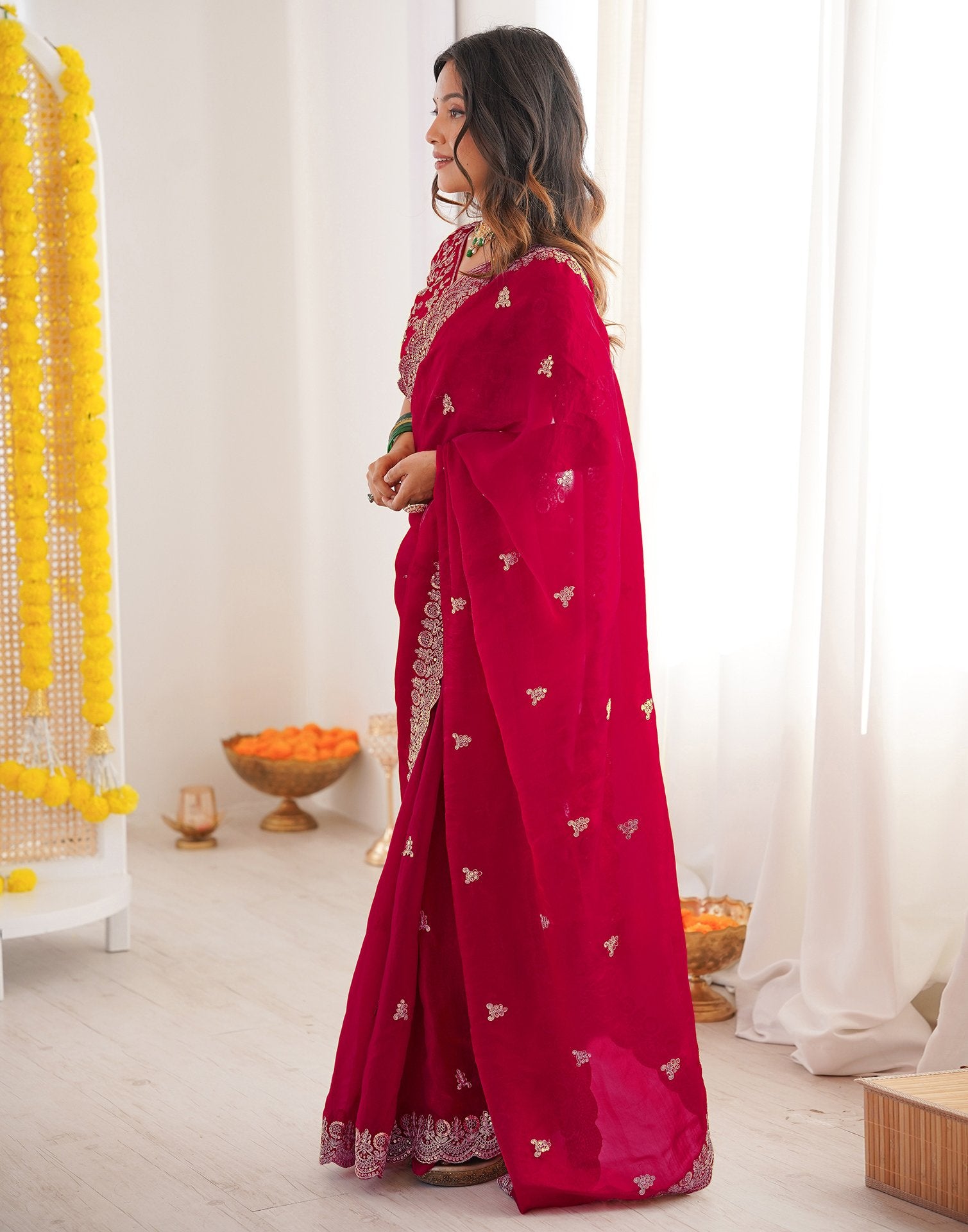 Dark Pink Tissue Silk Sequence Embroidery Saree