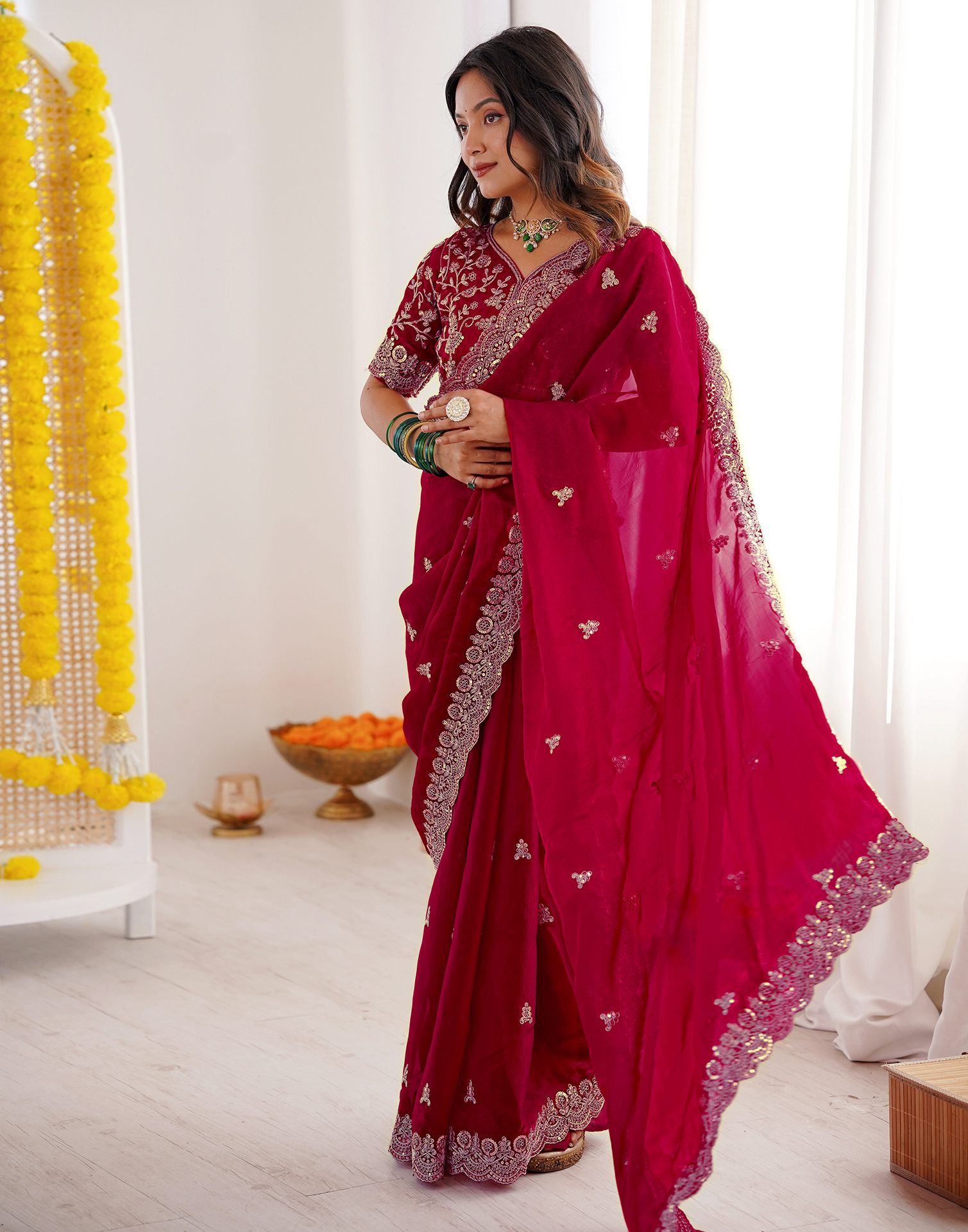 Dark Pink Tissue Silk Sequence Embroidery Saree