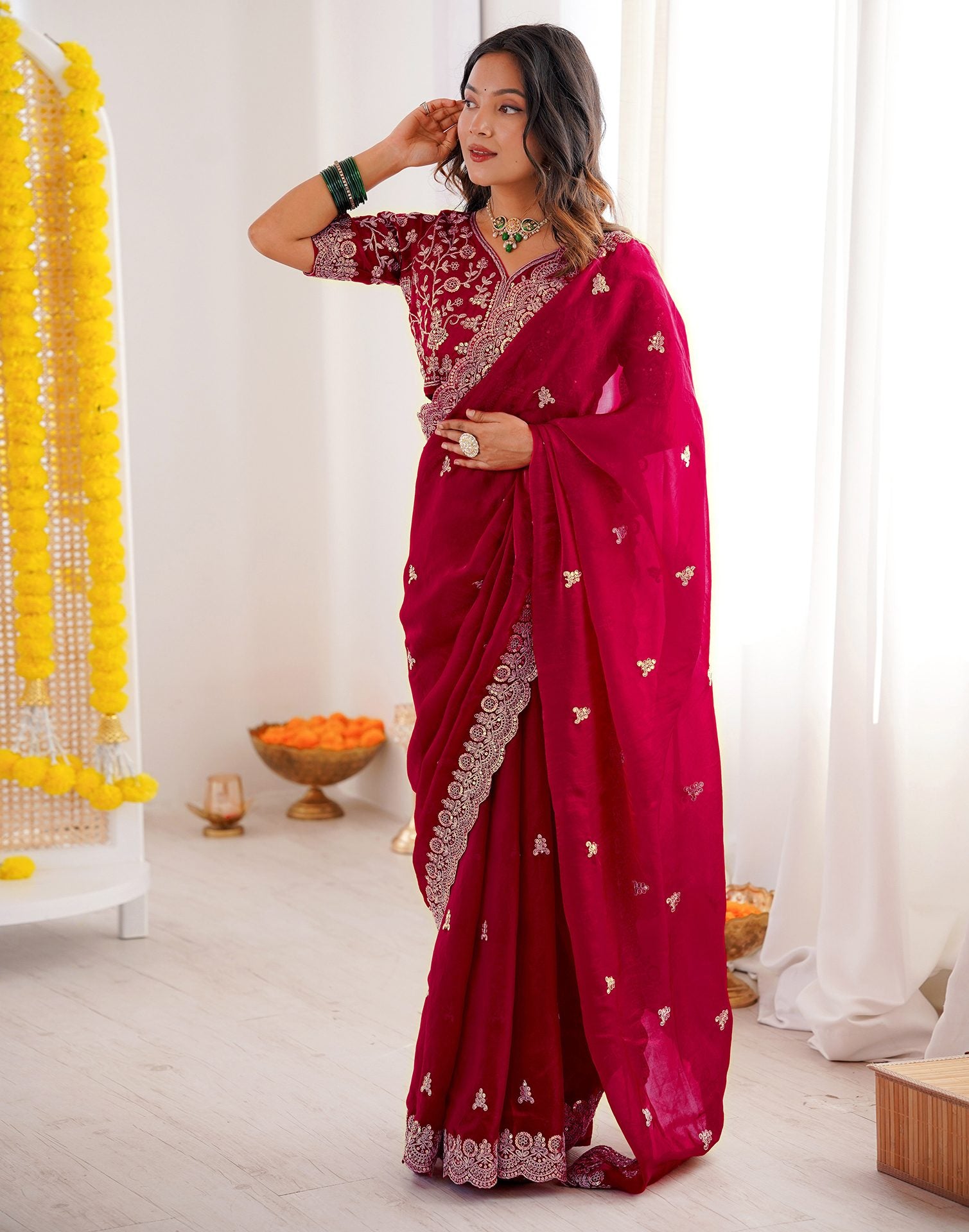 Dark Pink Tissue Silk Sequence Embroidery Saree