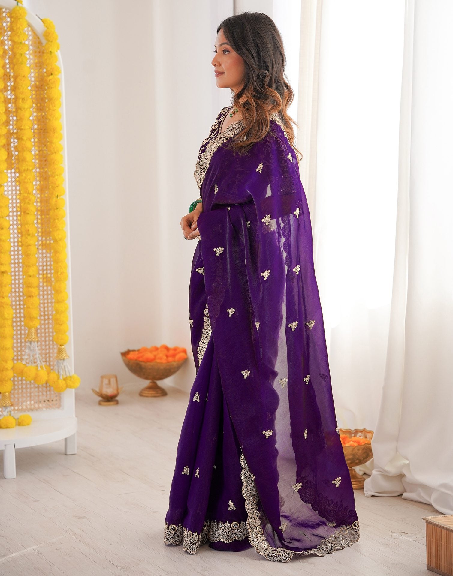 Purple Tissue Silk Sequence Embroidery Saree