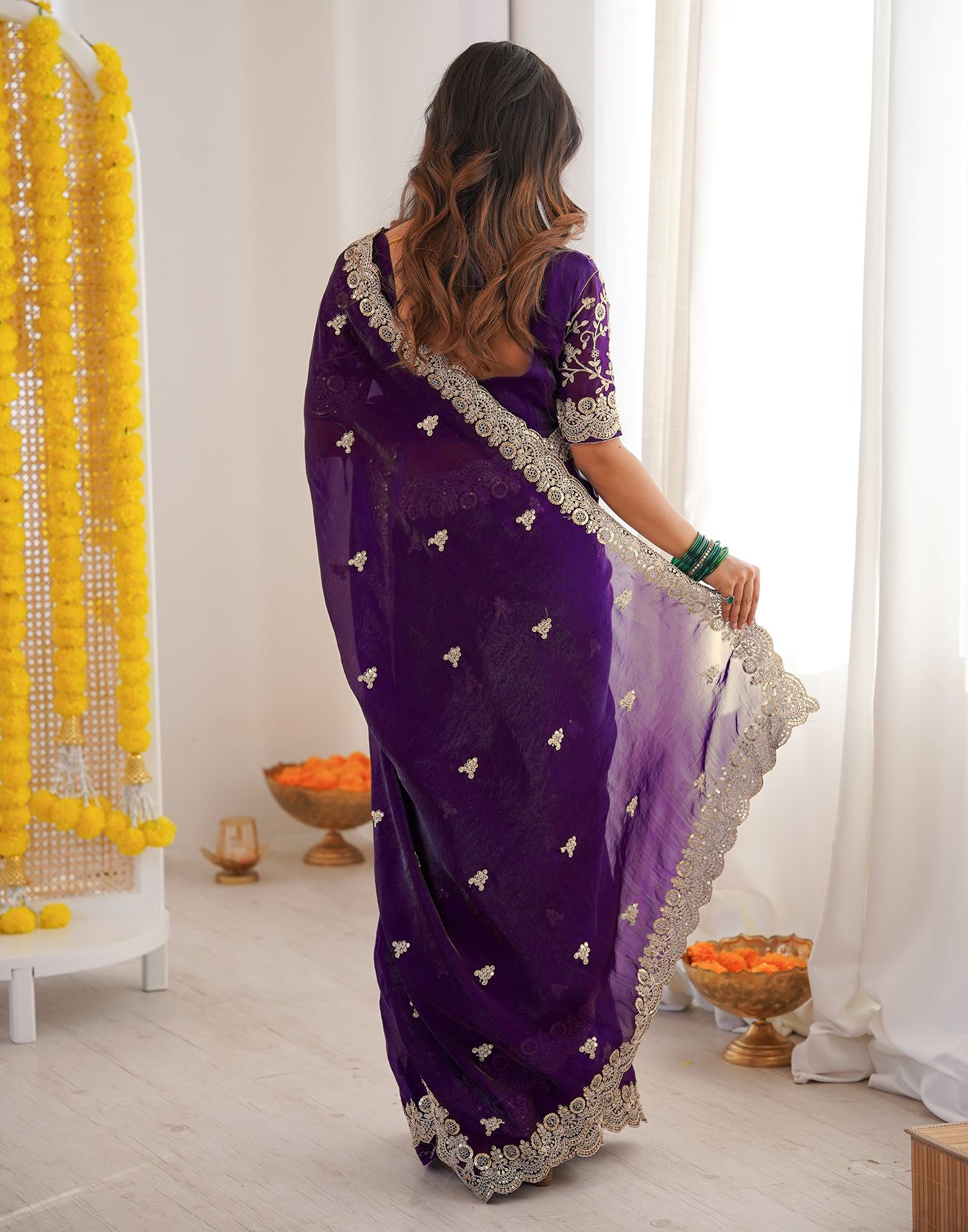 Purple Tissue Silk Sequence Embroidery Saree