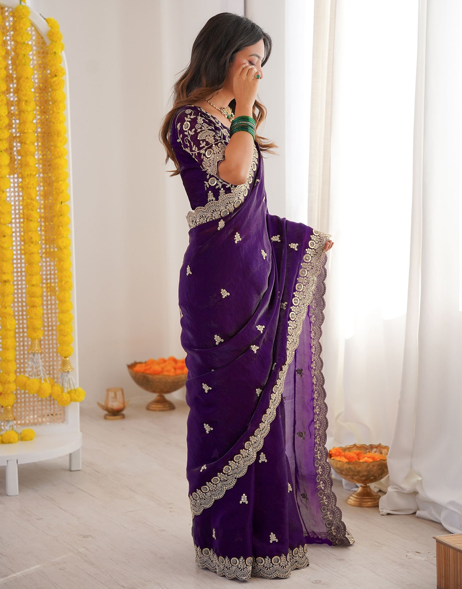 Purple Tissue Silk Sequence Embroidery Saree