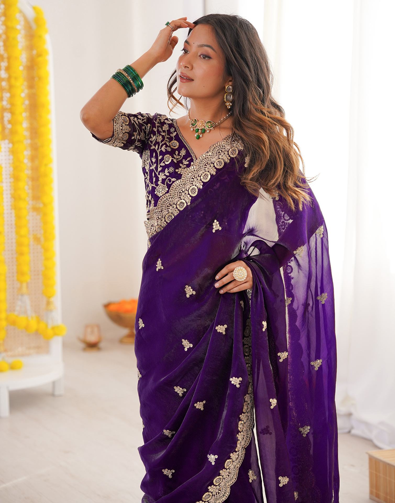 Purple Tissue Silk Sequence Embroidery Saree