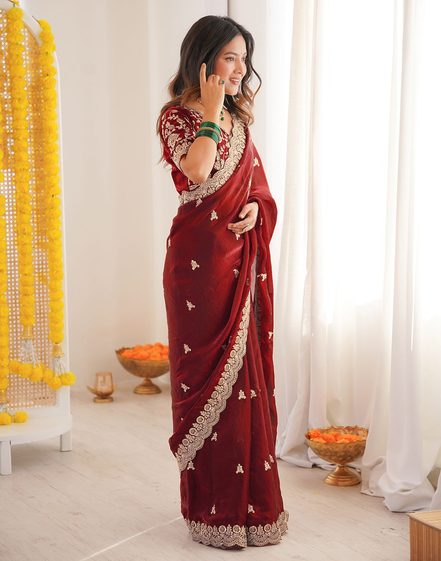 Maroon Tissue Silk Sequence Embroidery Saree