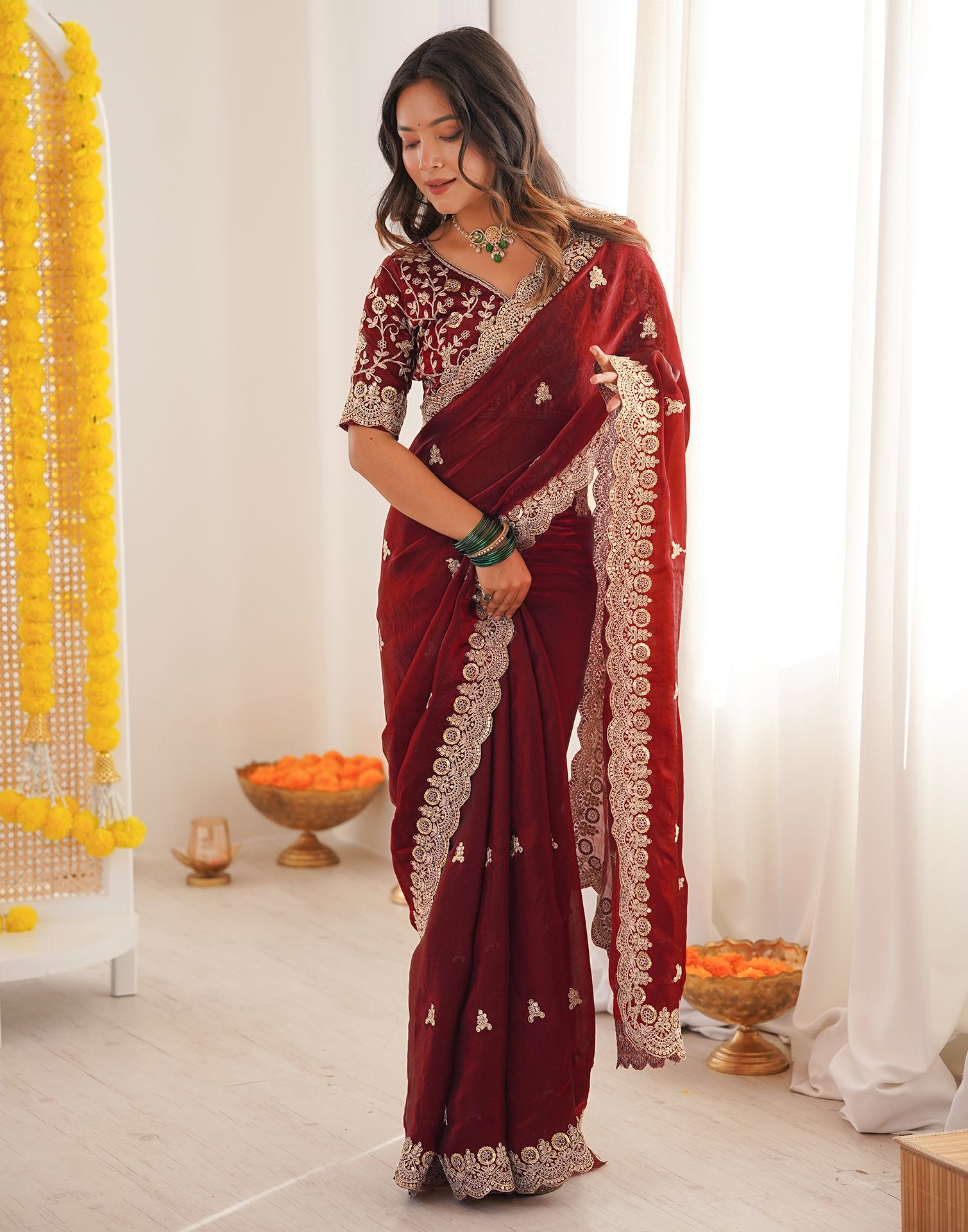 Maroon Tissue Silk Sequence Embroidery Saree