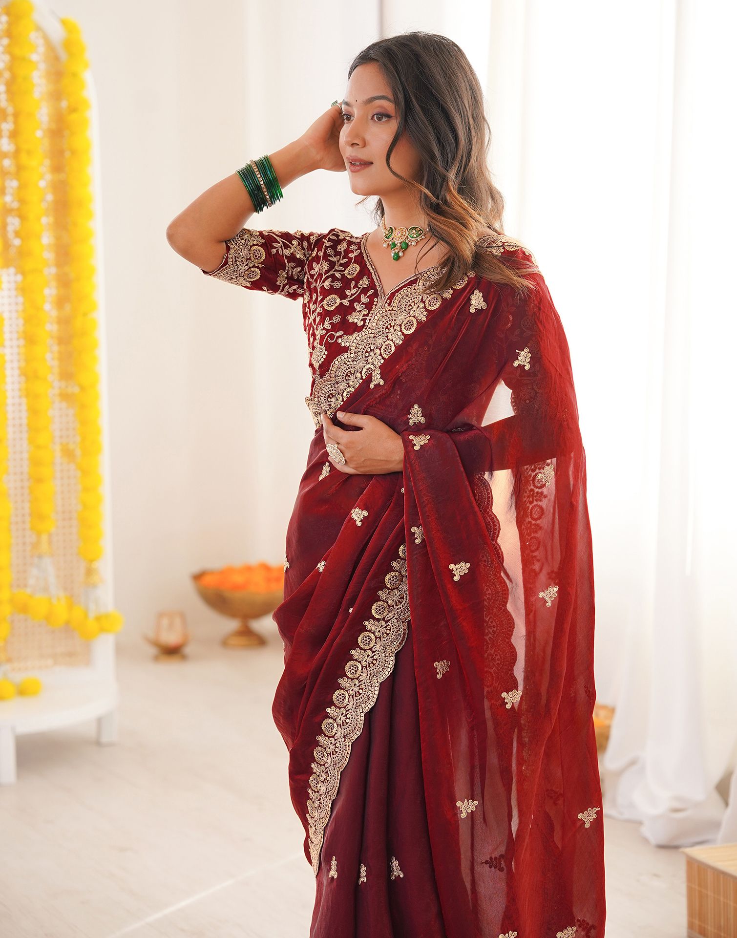 Maroon Tissue Silk Sequence Embroidery Saree