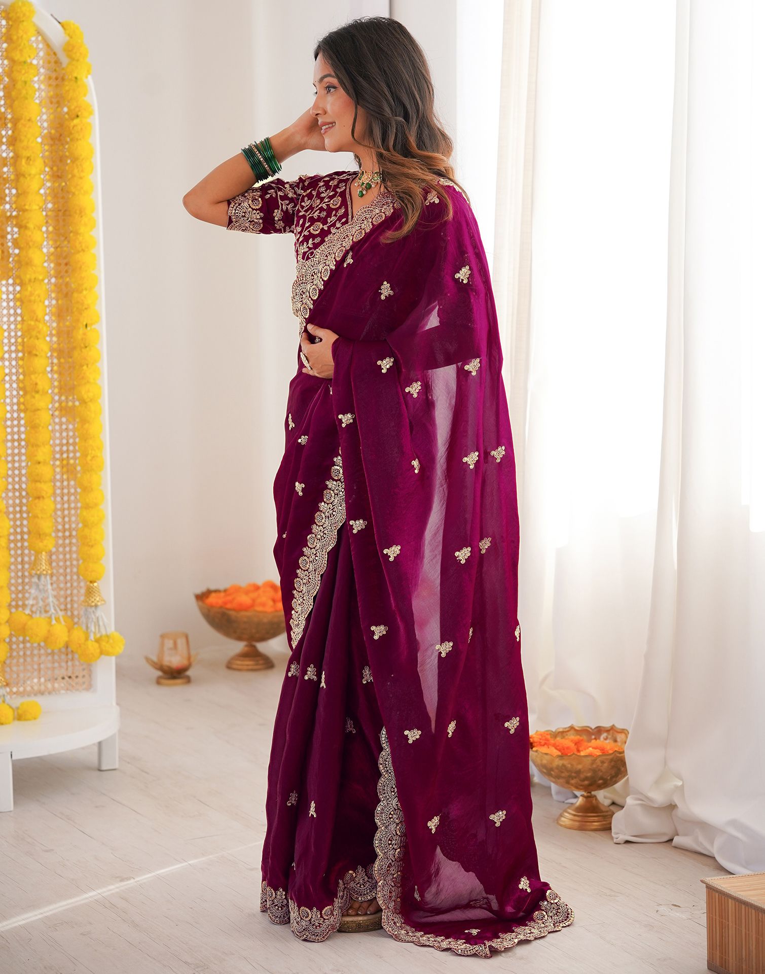 Magenta Tissue Silk Sequence Embroidery Saree
