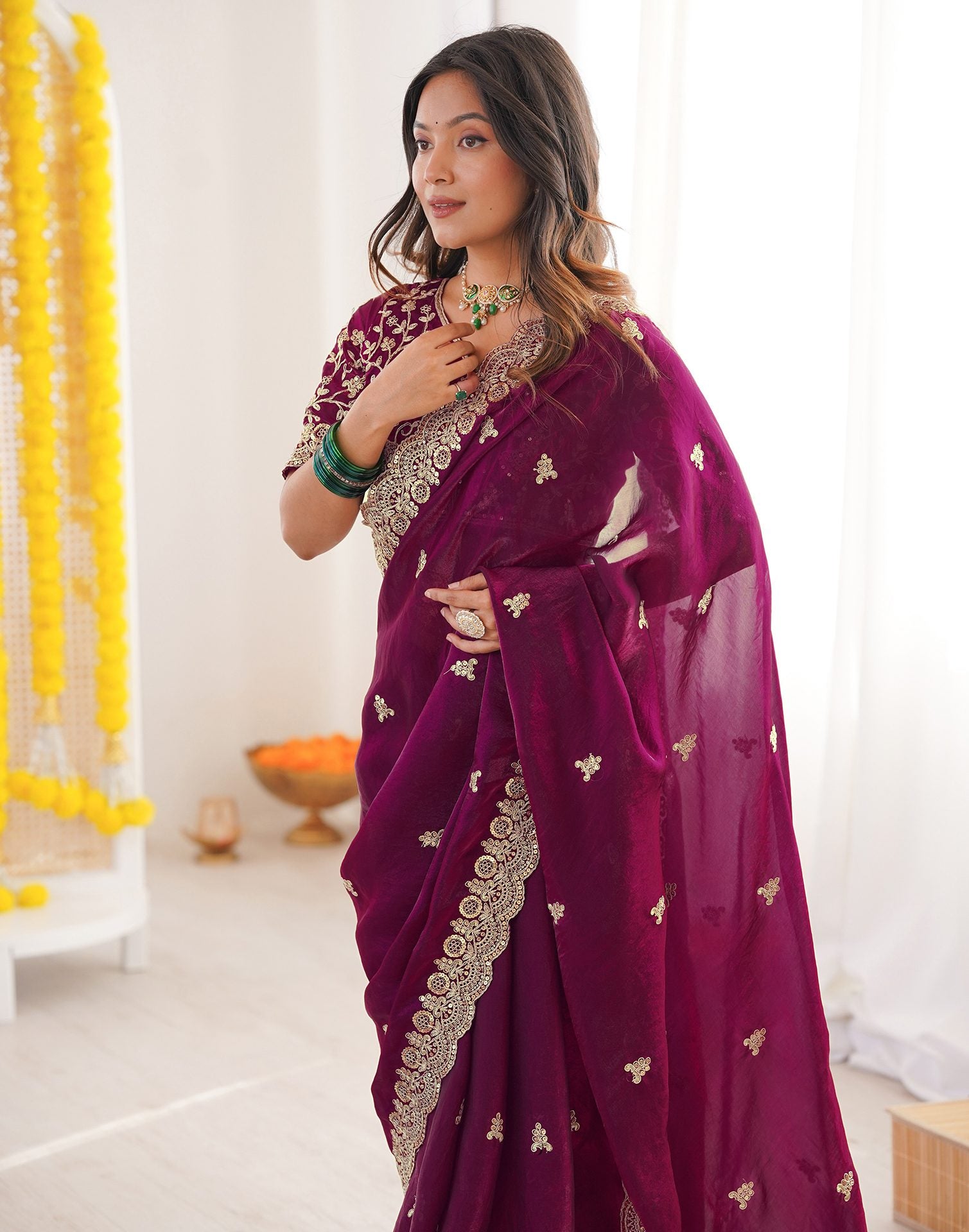 Magenta Tissue Silk Sequence Embroidery Saree