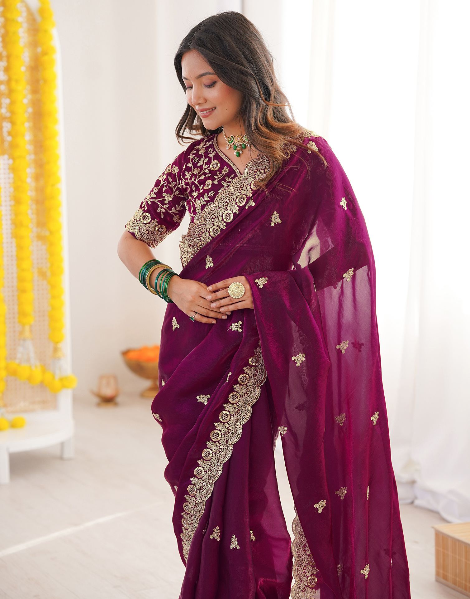 Magenta Tissue Silk Sequence Embroidery Saree
