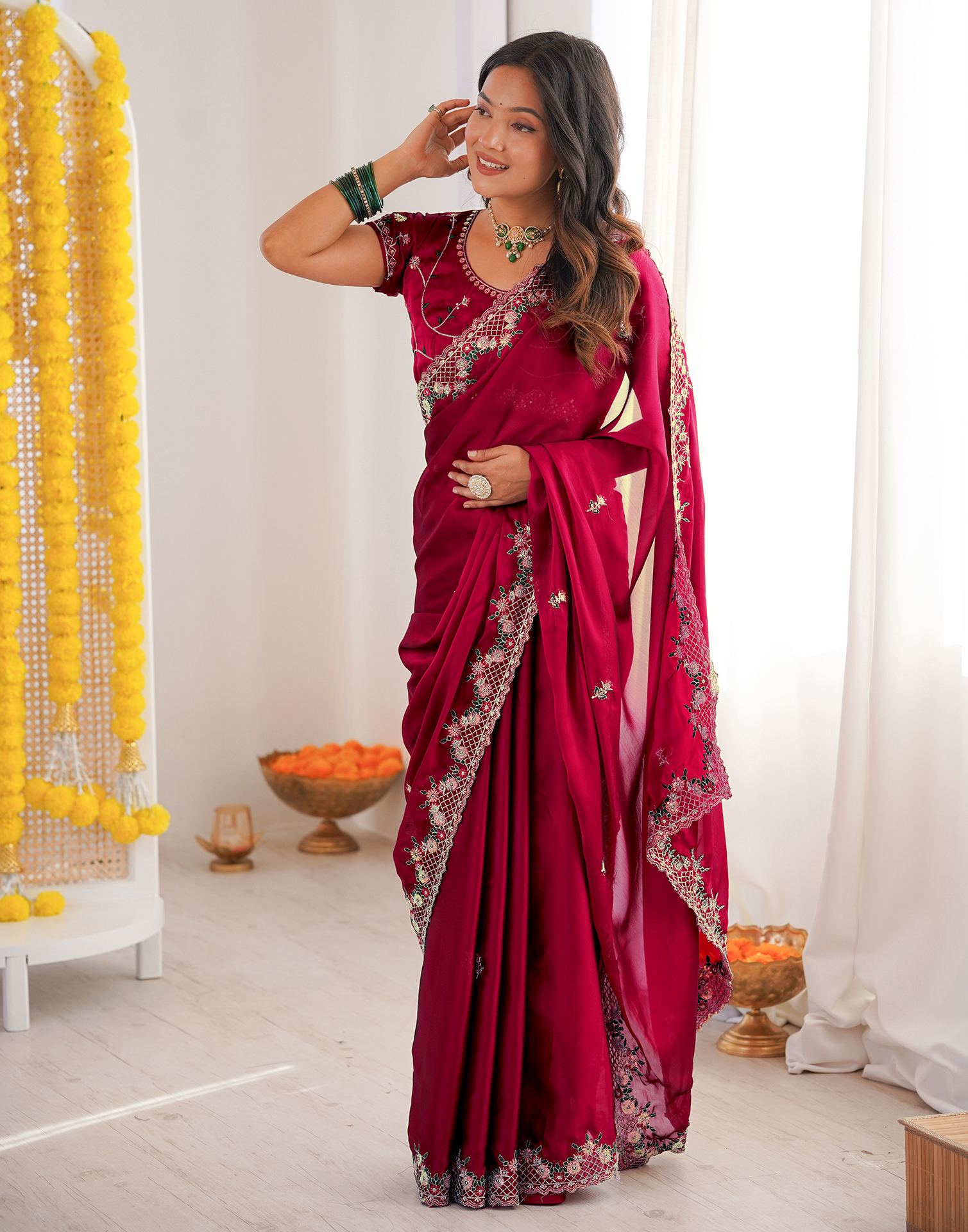 Wine Silk Sequence Embroidery Saree