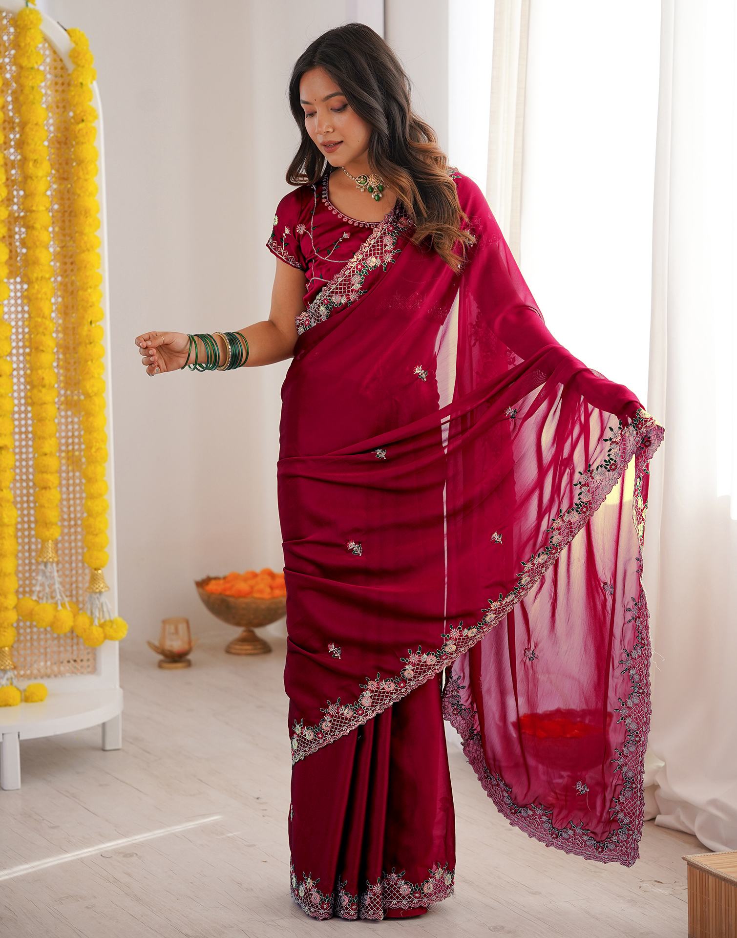 Wine Silk Sequence Embroidery Saree