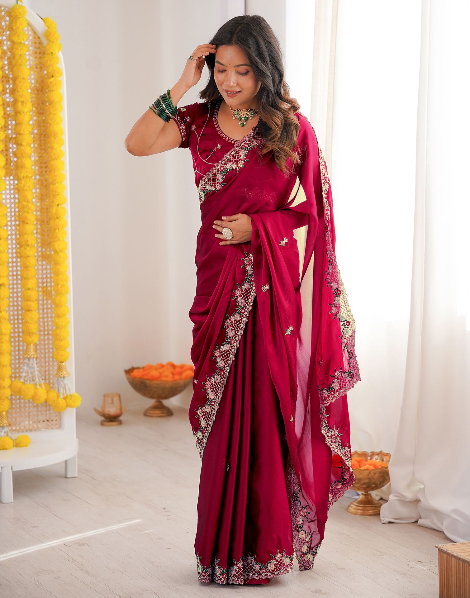 Wine Silk Sequence Embroidery Saree