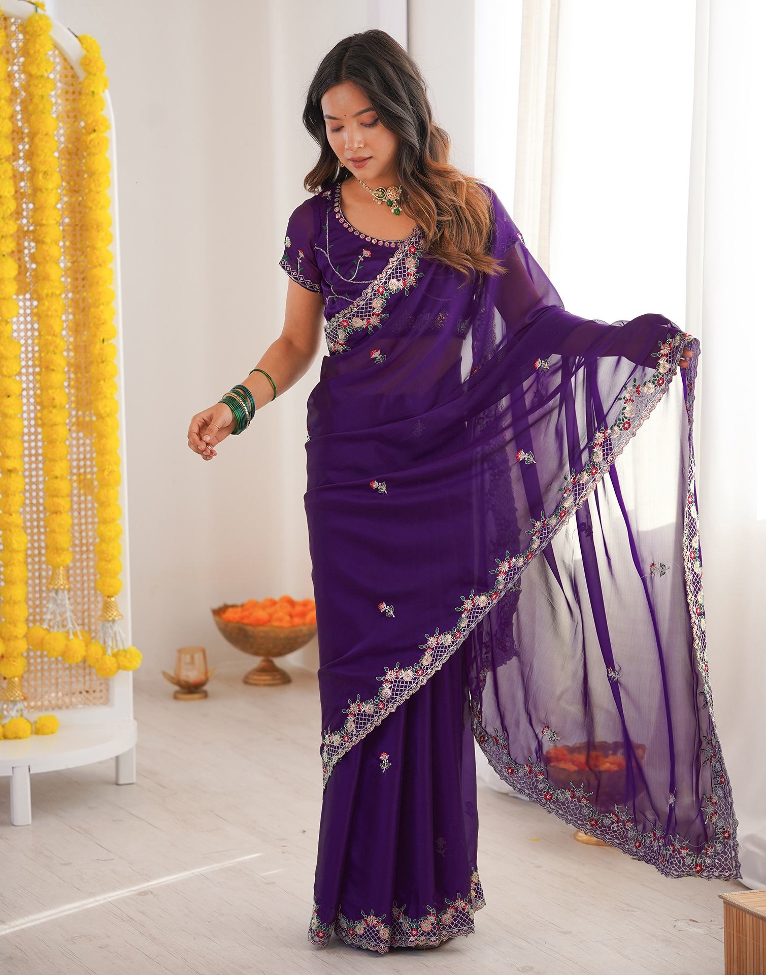 Violet Silk Sequence Embroidery Saree