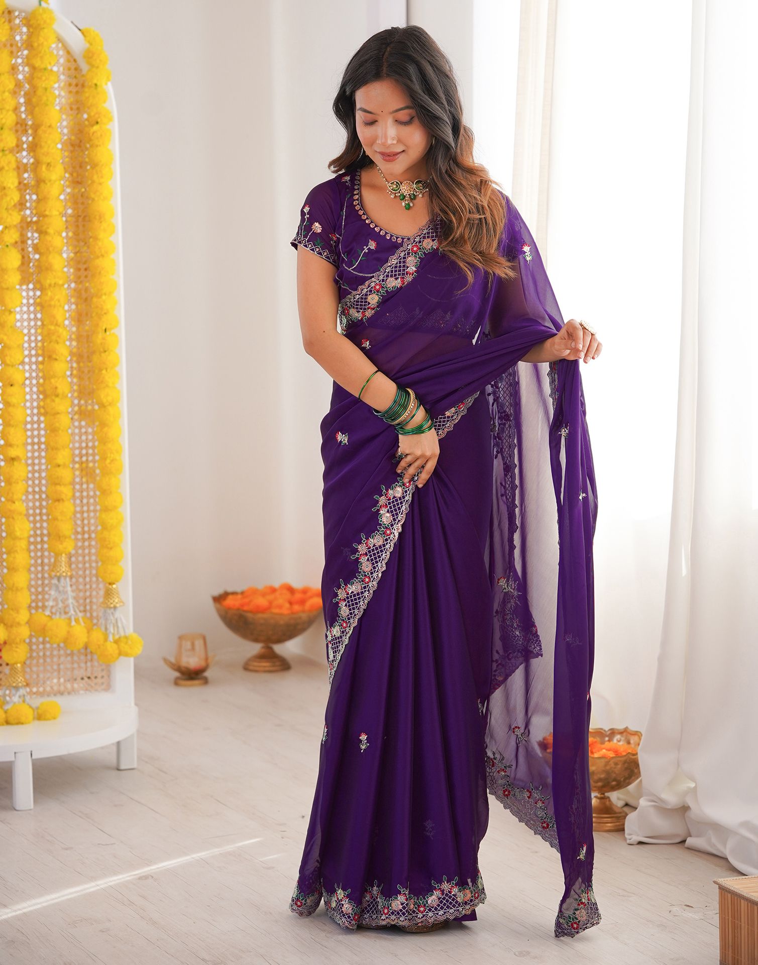 Violet Silk Sequence Embroidery Saree