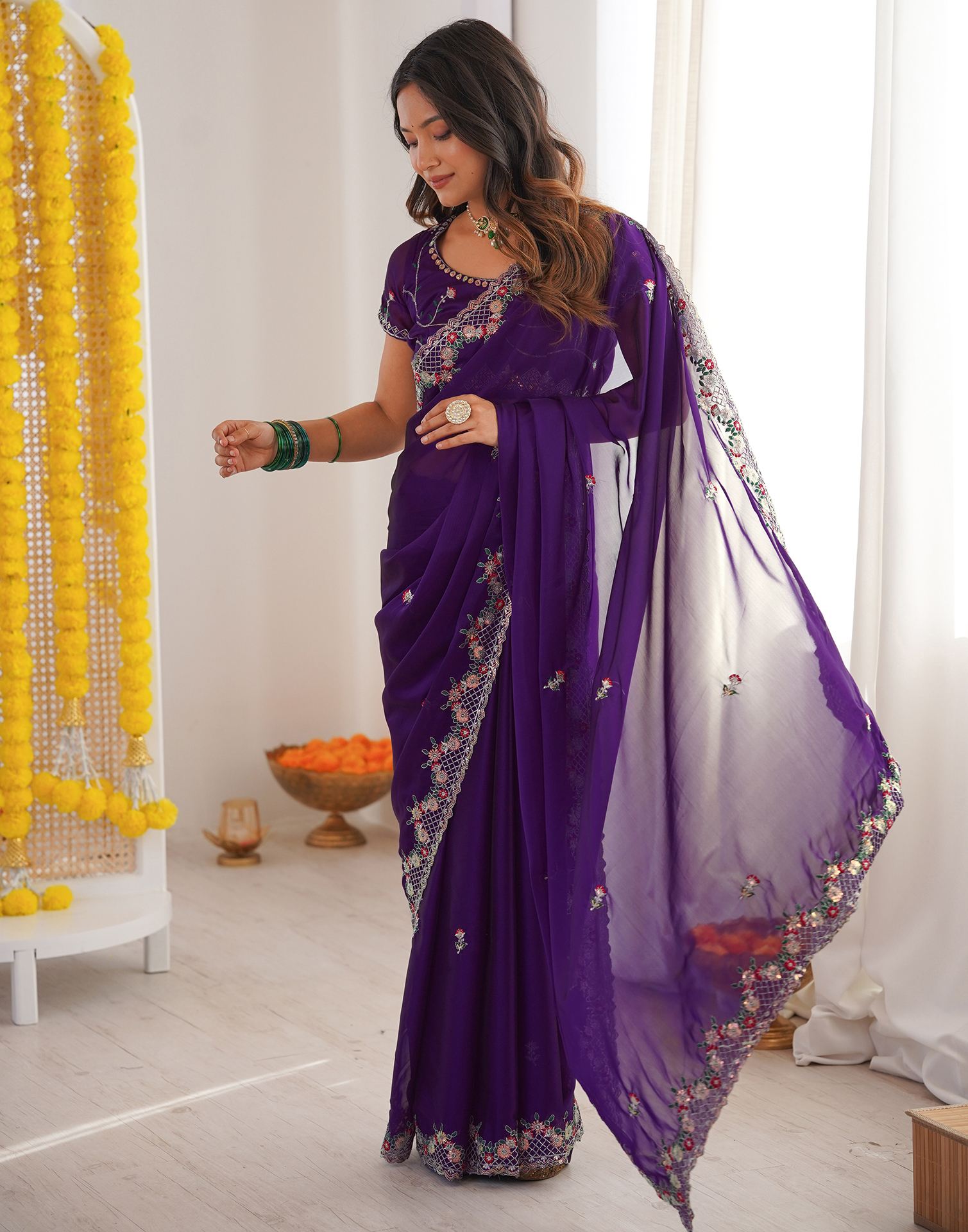 Violet Silk Sequence Embroidery Saree