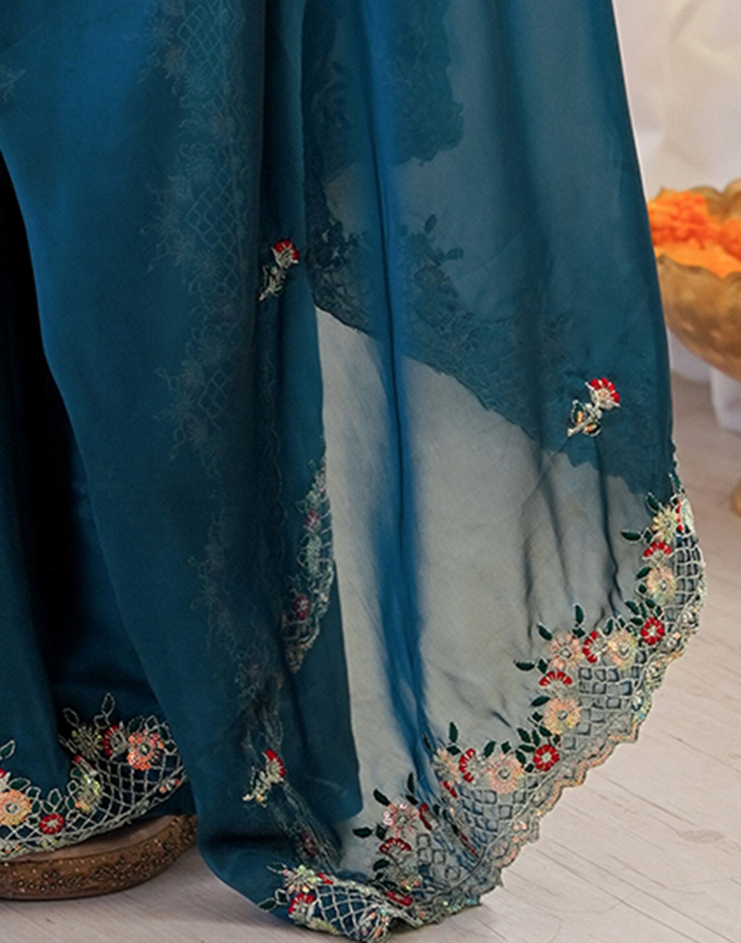 Peacock Blue Silk Sequence Embroidery Saree