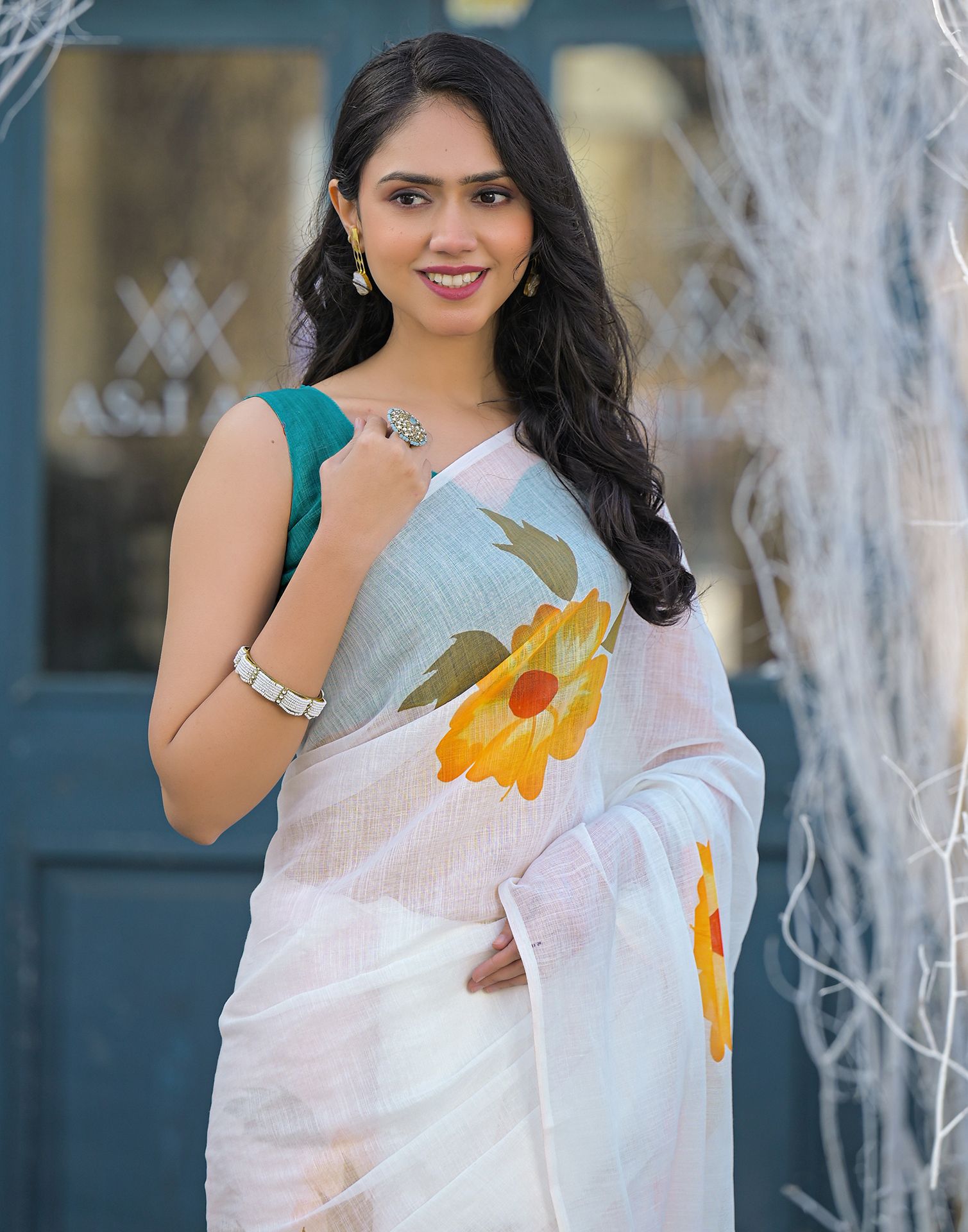 Holi White Linen Floral Printed Saree