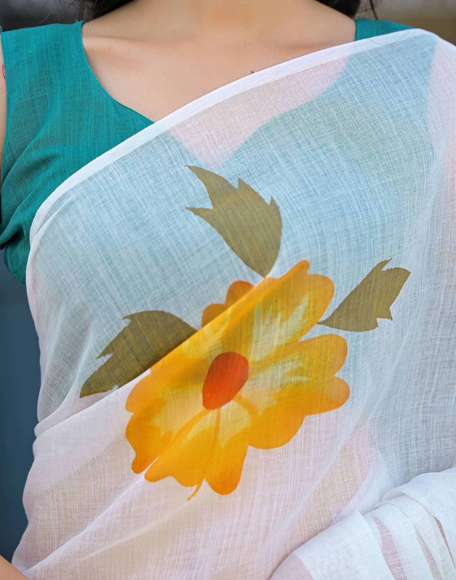 Holi White Linen Floral Printed Saree