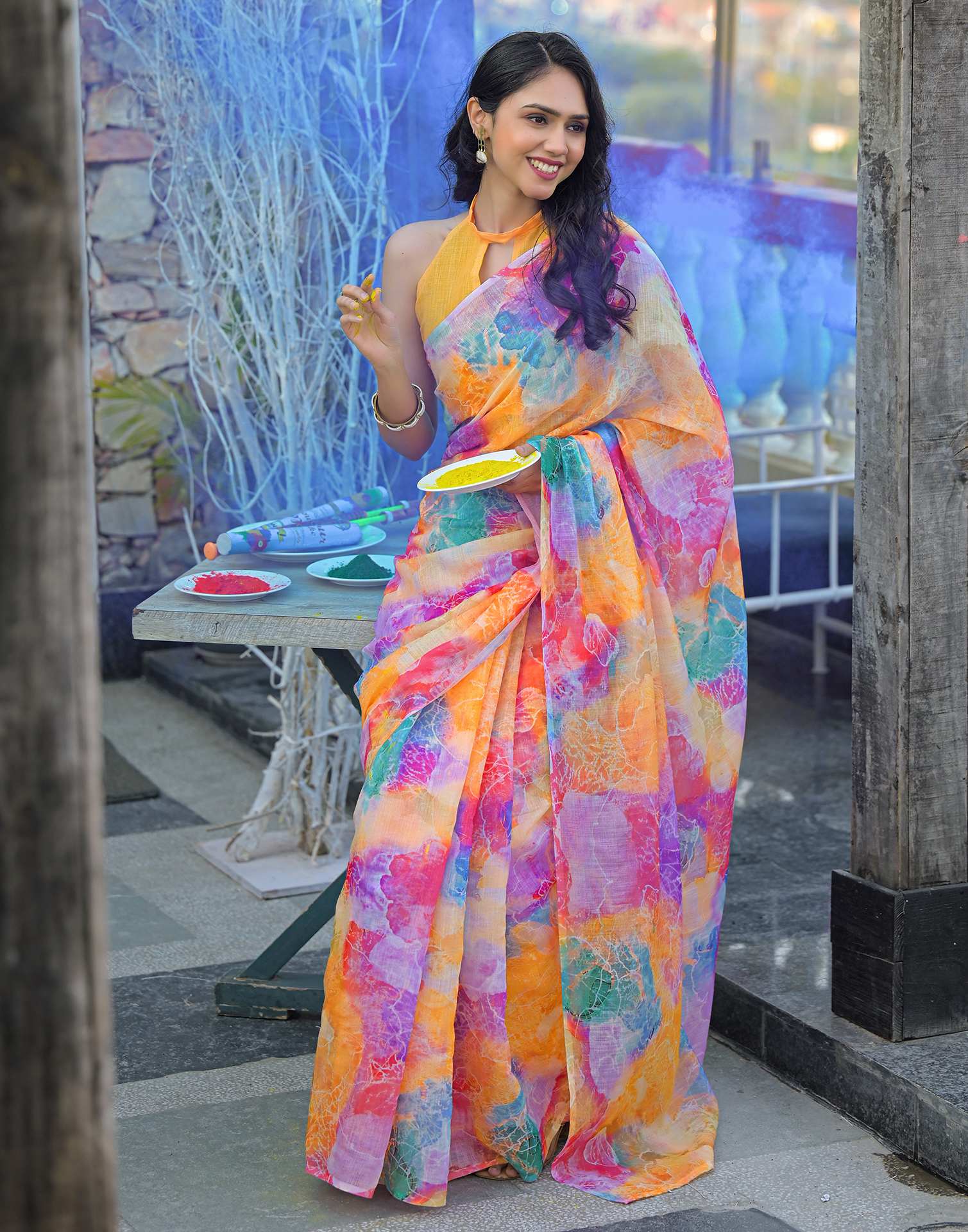 Multicoloured Linen Printed Saree
