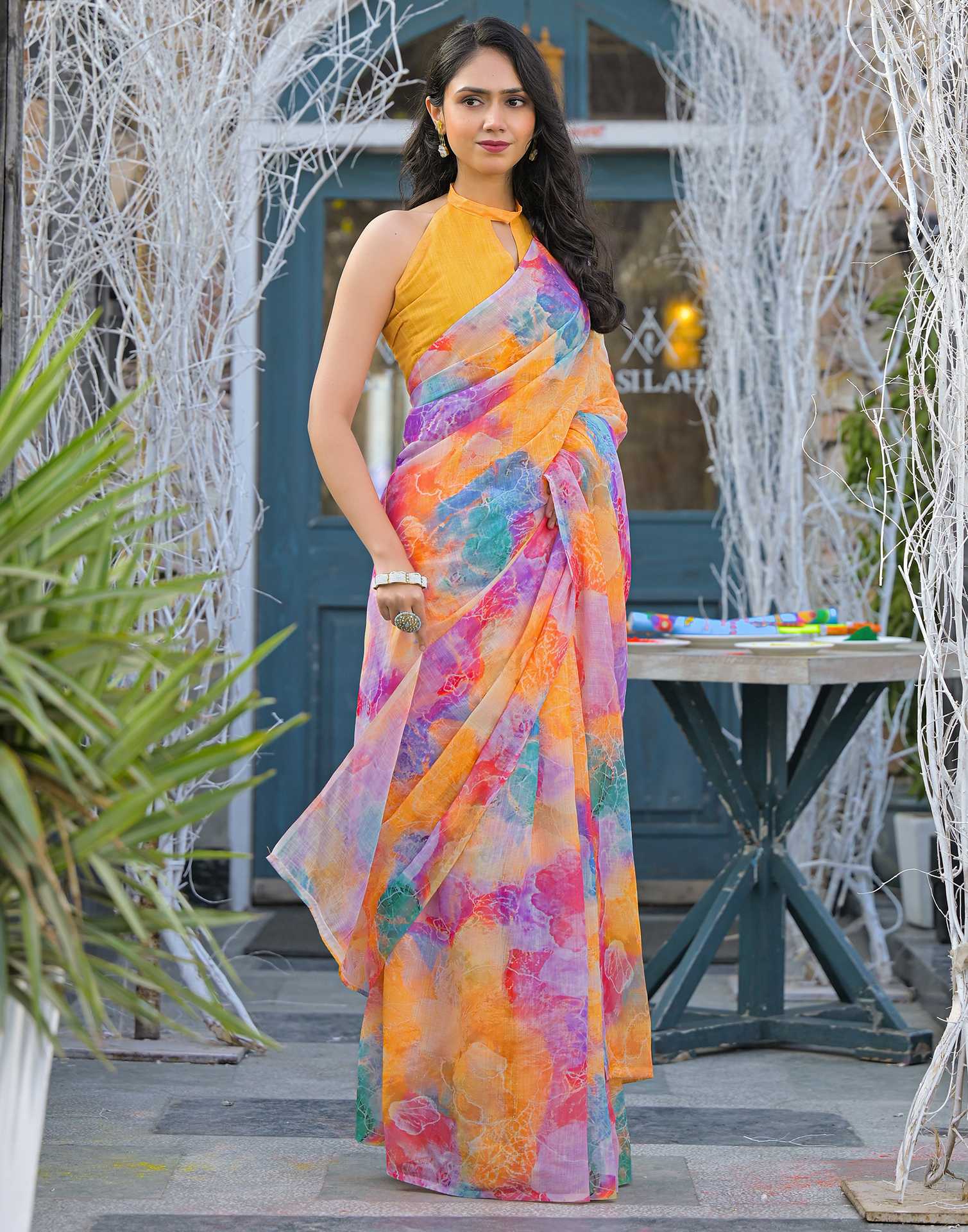 Multicoloured Linen Printed Saree