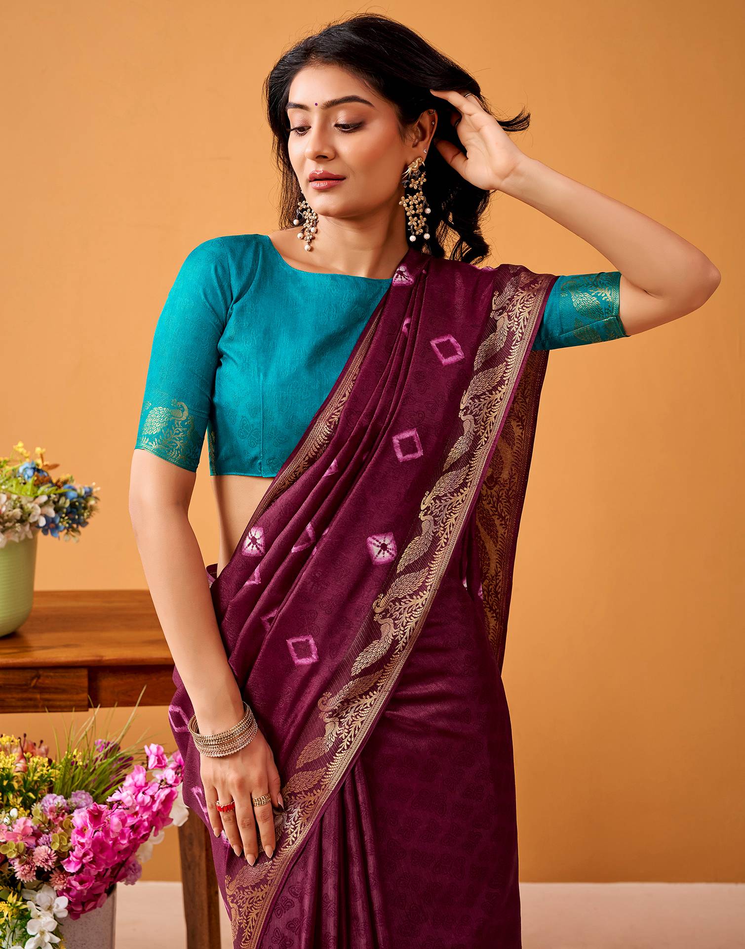 Wine Silk Woven Printed Saree