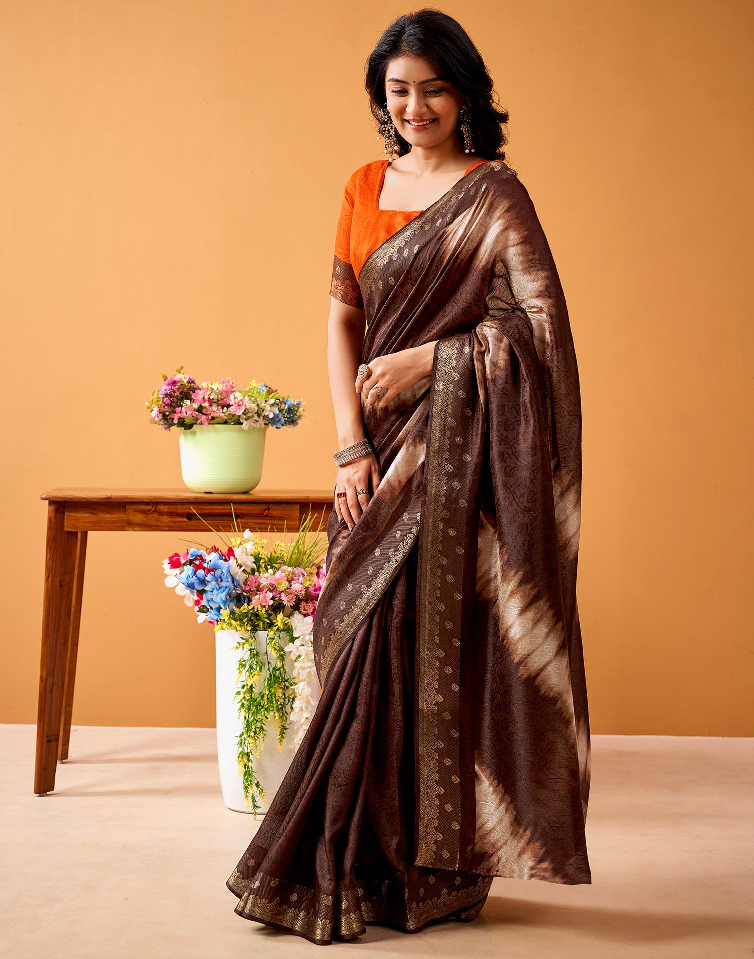 Brown Silk Woven Printed Saree