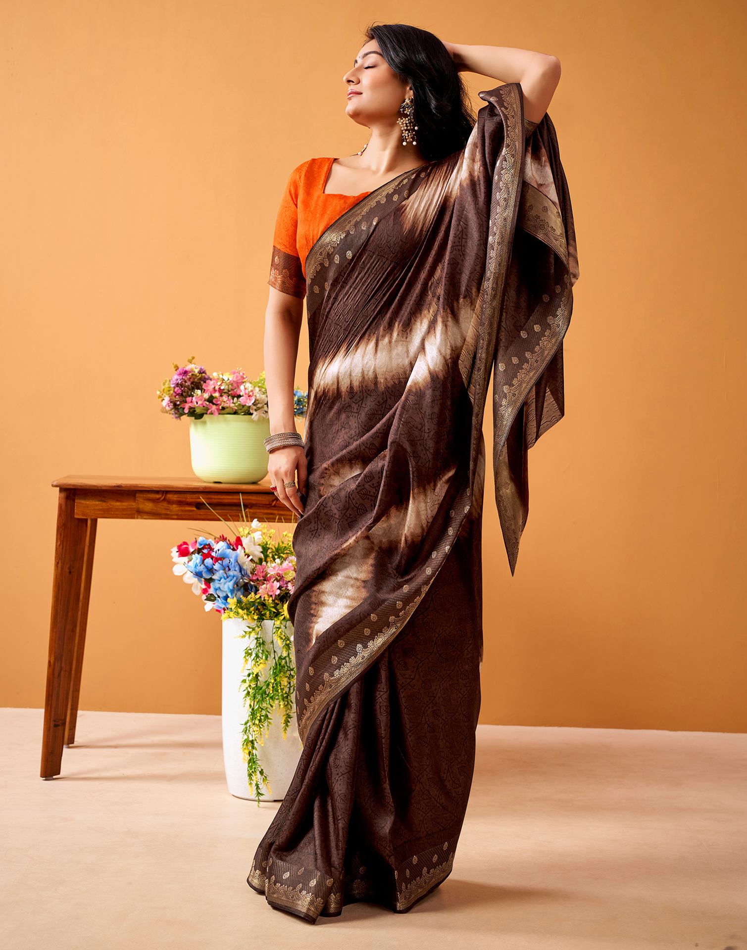 Brown Silk Woven Printed Saree