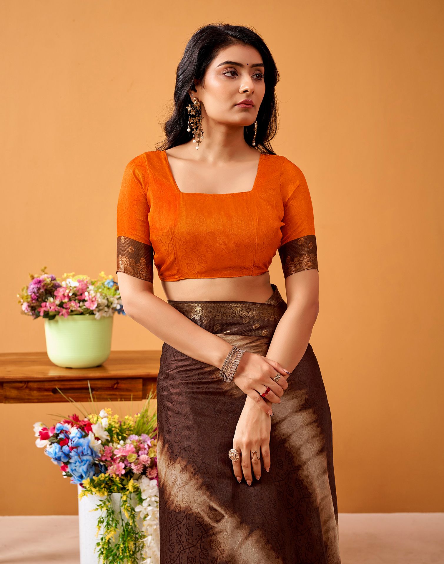 Brown Silk Woven Printed Saree