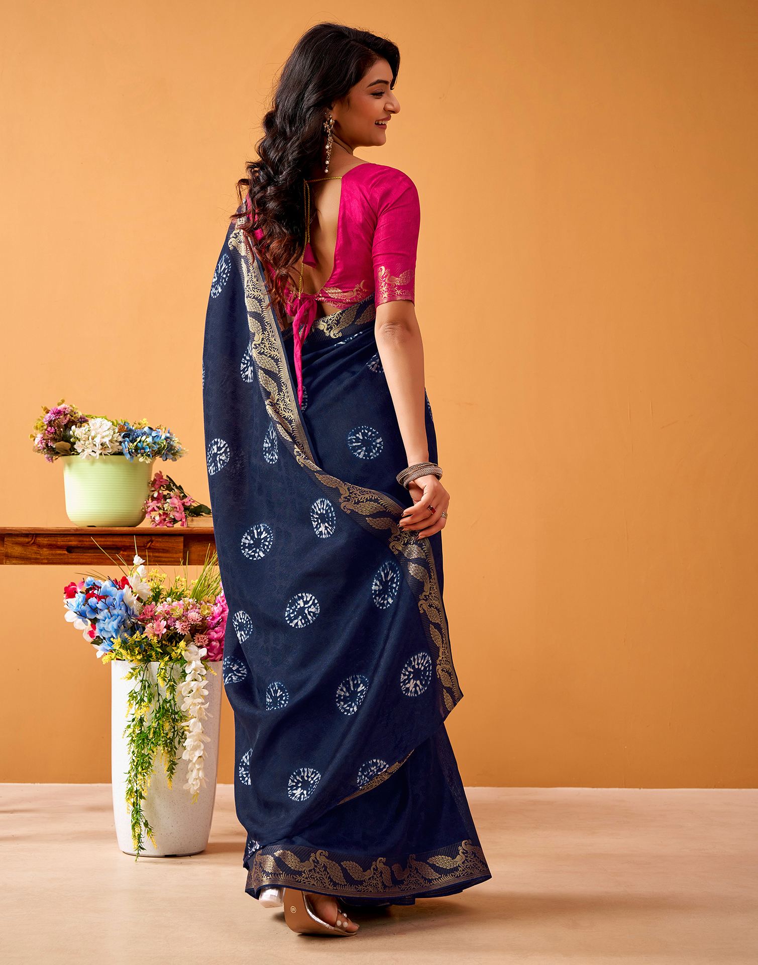 Navy Blue Silk Woven Printed Saree