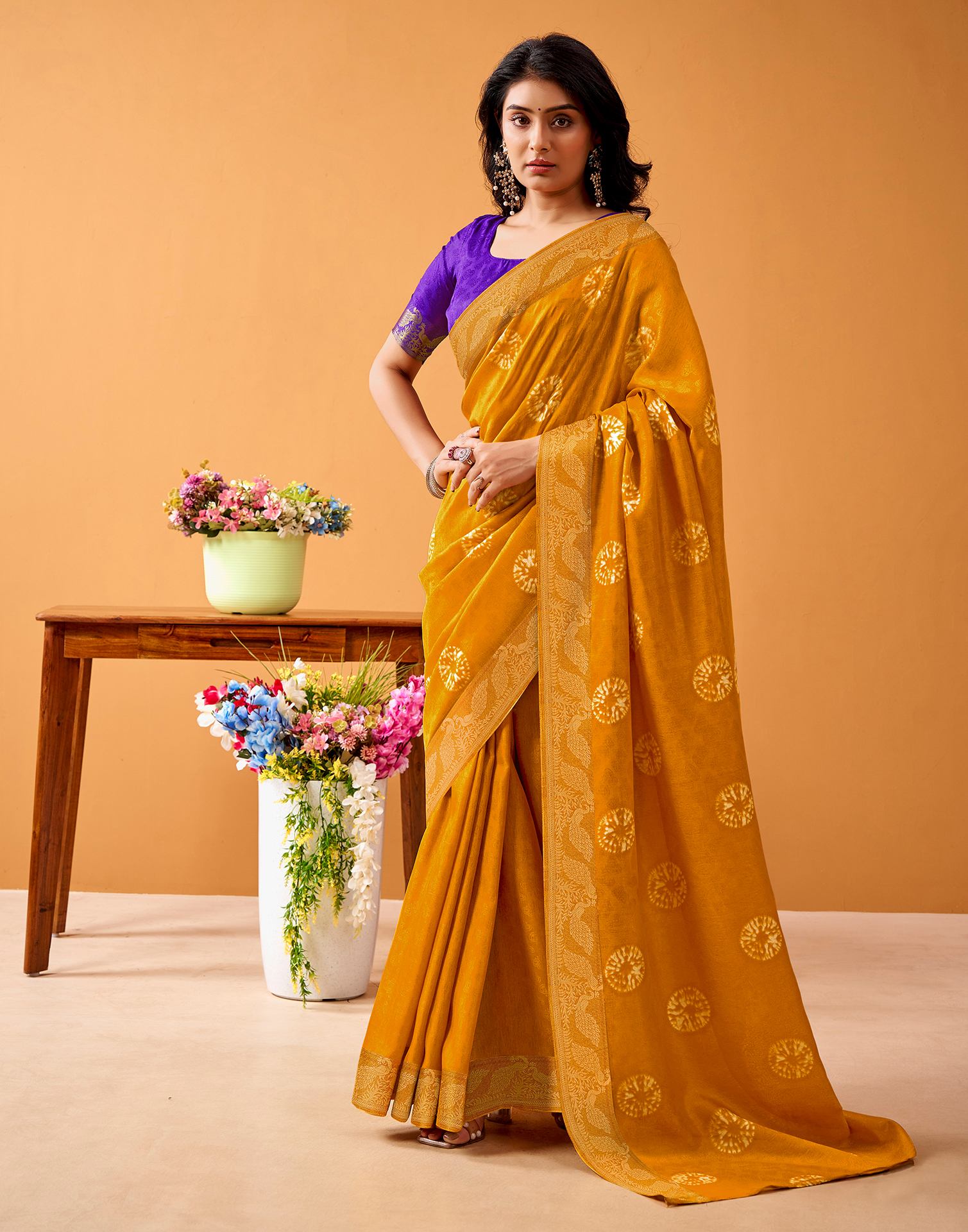 Turmeric Yellow Silk Woven Printed Saree