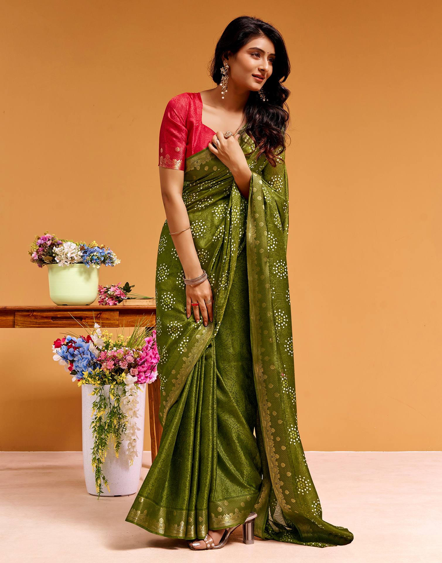 Mehandi Green Silk Woven Printed Saree